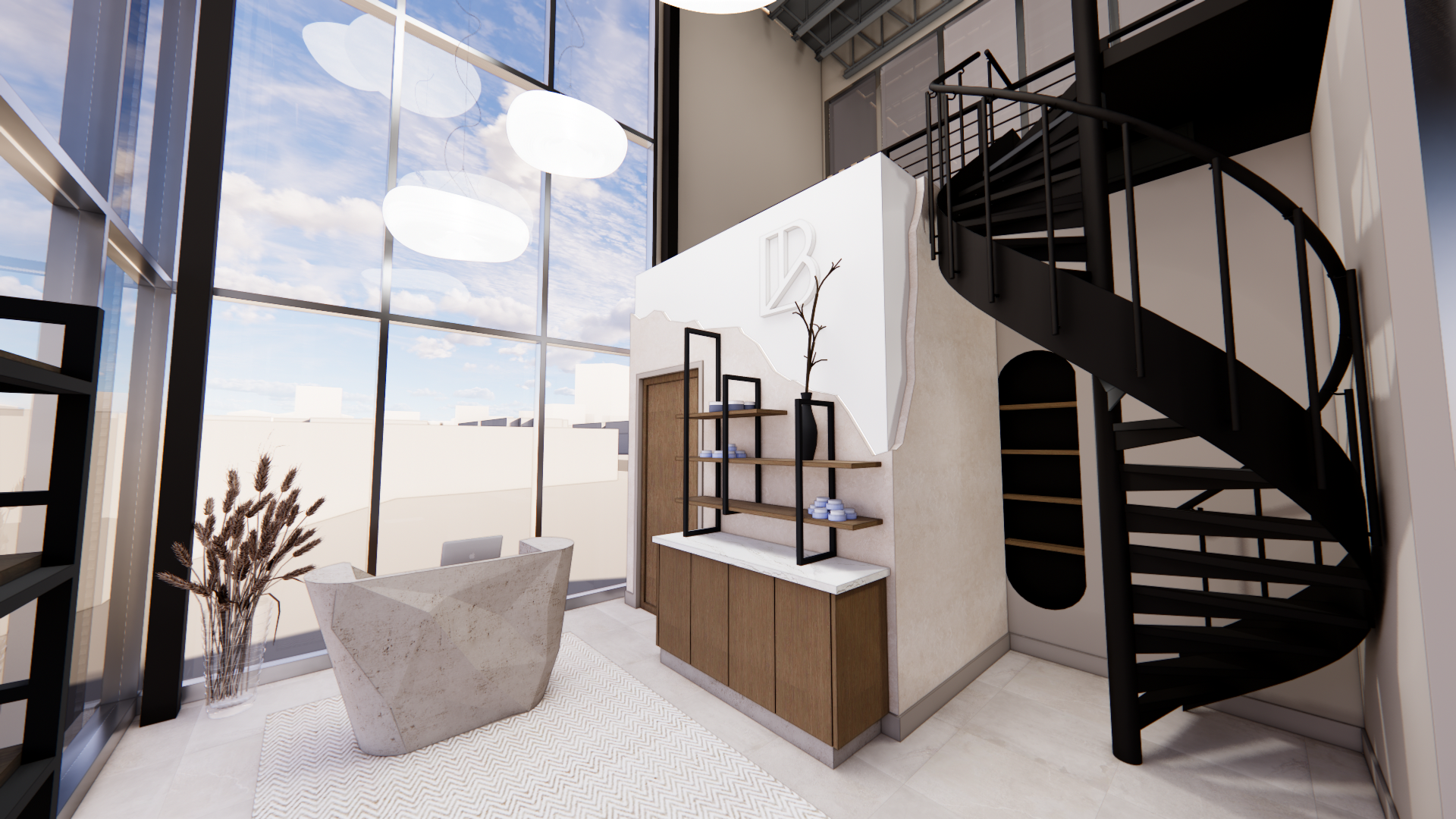 Modern interior med spa reception area with large glass windows, a white and brown reception desk, a black spiral staircase, and decorative shelves