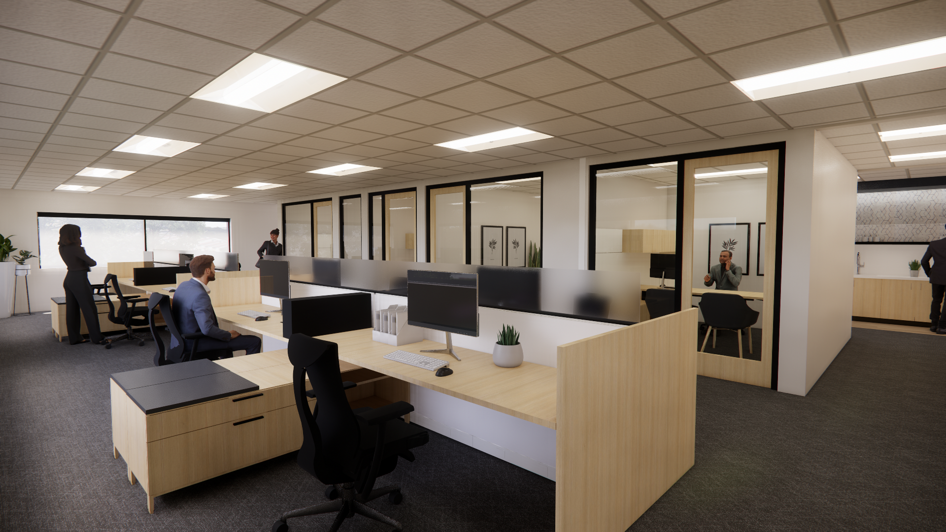 Office area featuring separate desks and monitors