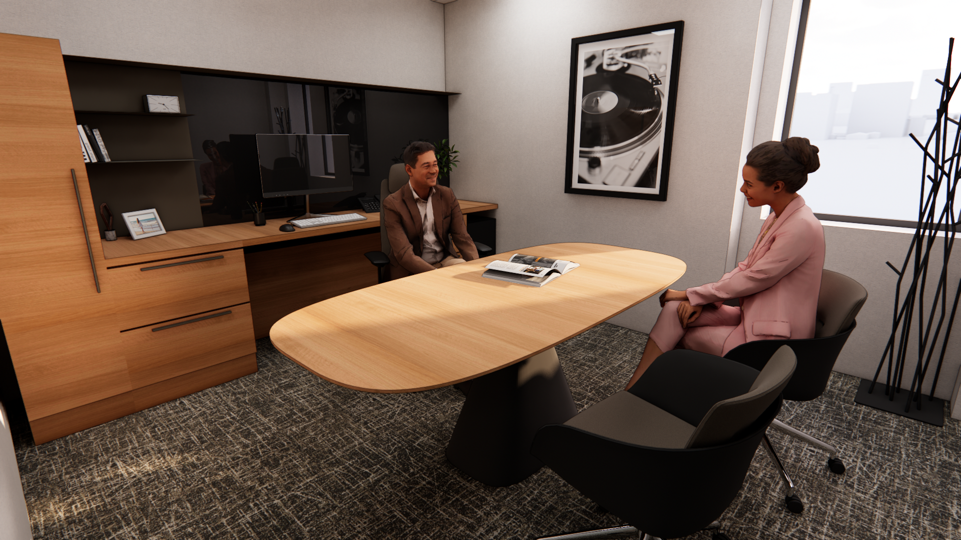 Office with large monitors and custom wood desk and cabinetry