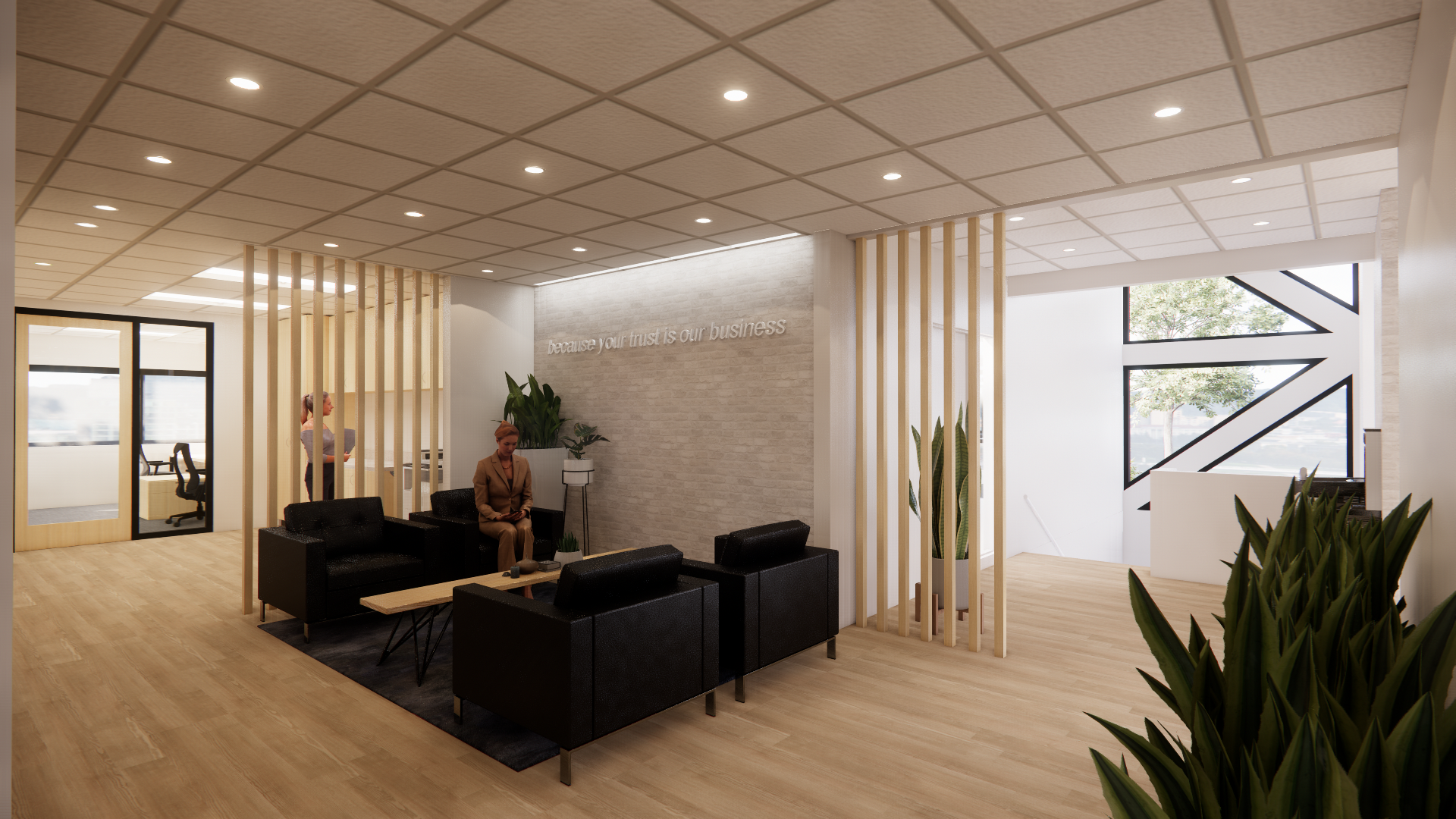 Corporate office with comfortable seating area with open concept wood panel separators