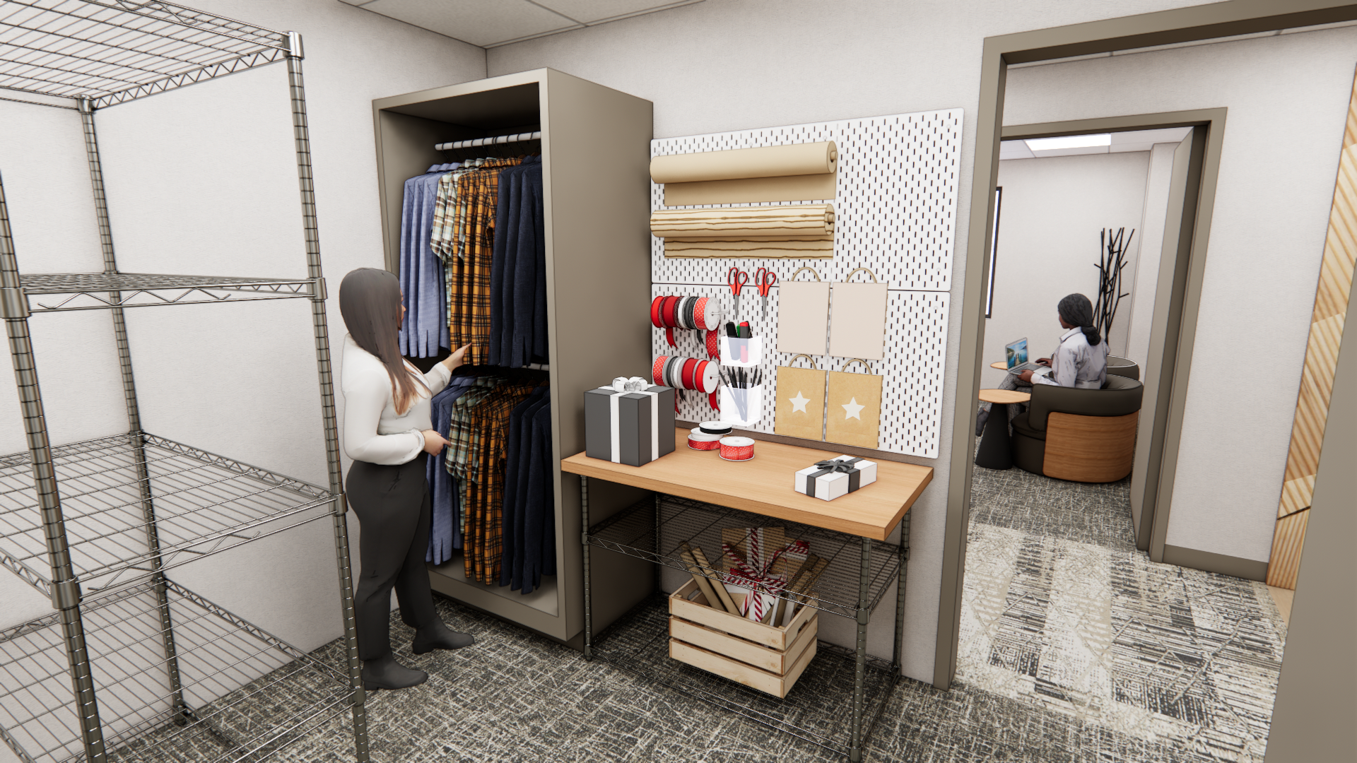 Office supply area with custom shelving