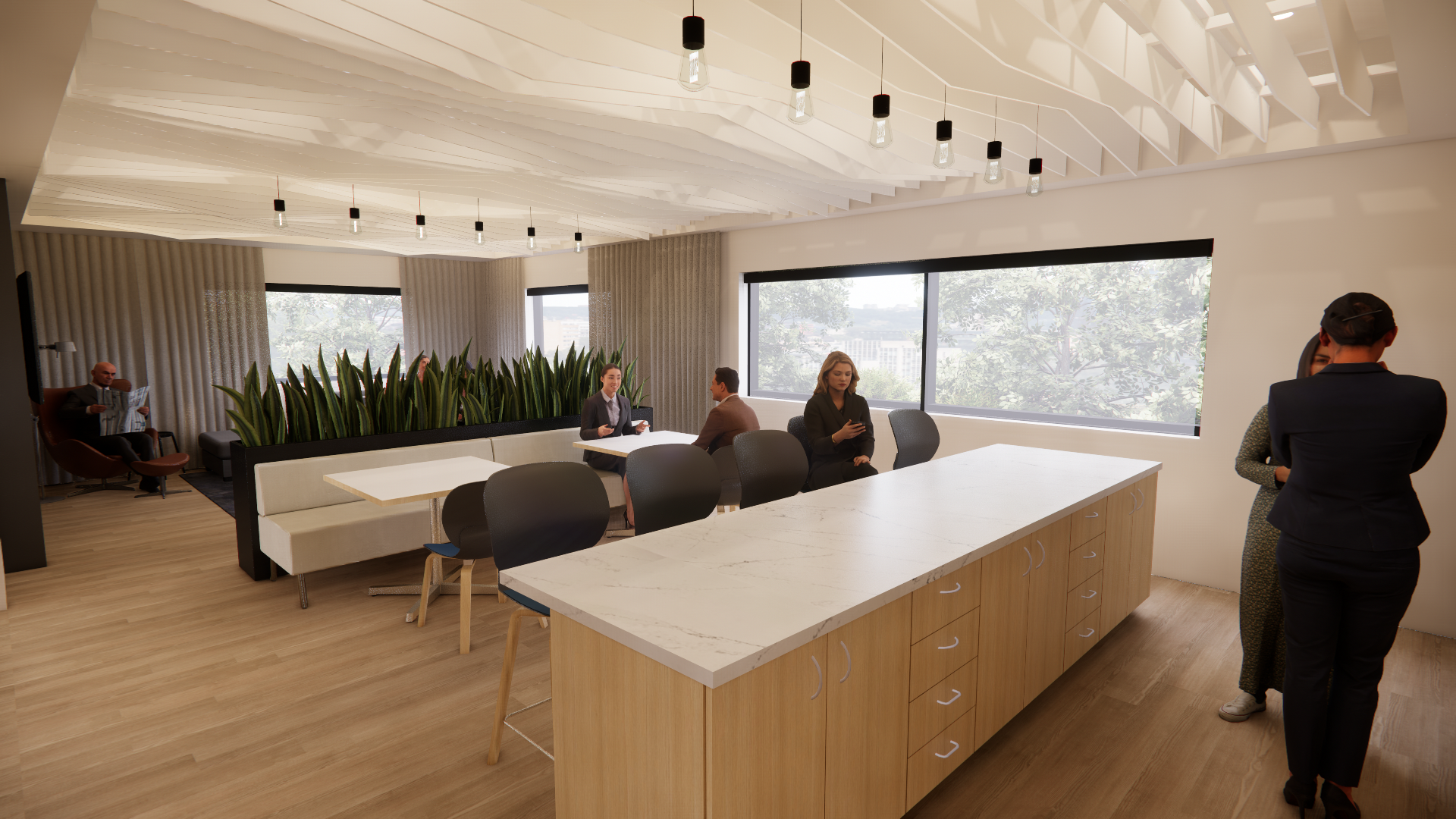 Office kitchen and living room with a large planter separating the two