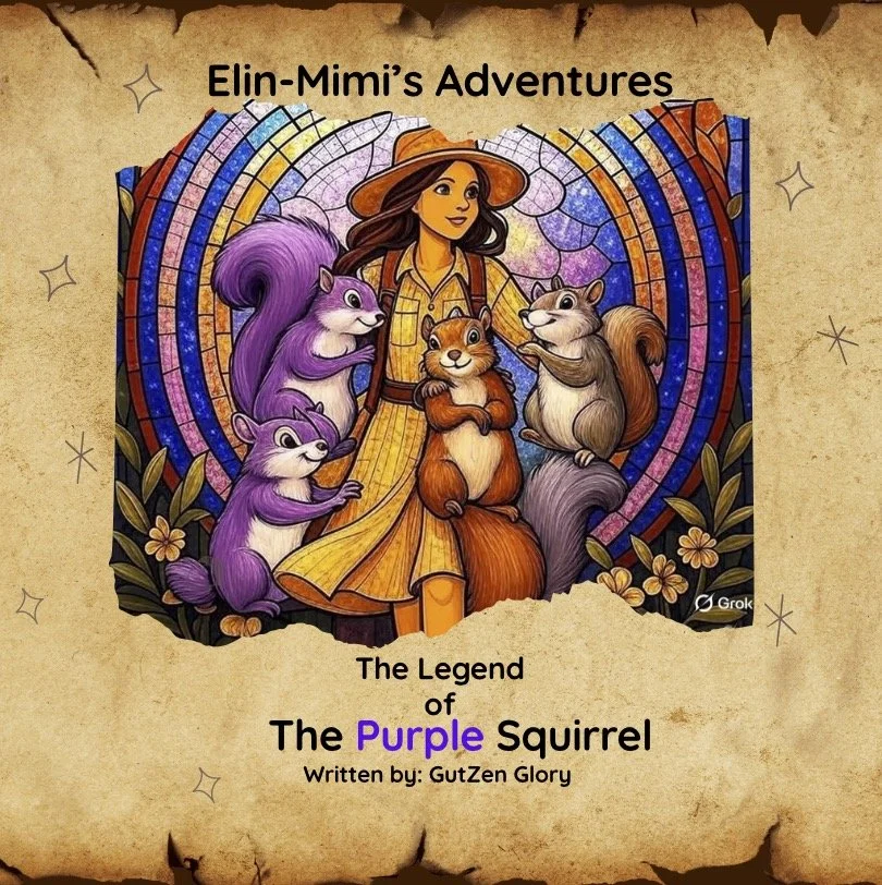 Illustration of a book cover titled 'Elin-Mimi's Adventures: The Legend of The Purple Squirrel'. It features a woman in a yellow dress and hat surrounded by five purple and brown squirrels, set against a colorful stained glass background with decorative flowers and leaves.