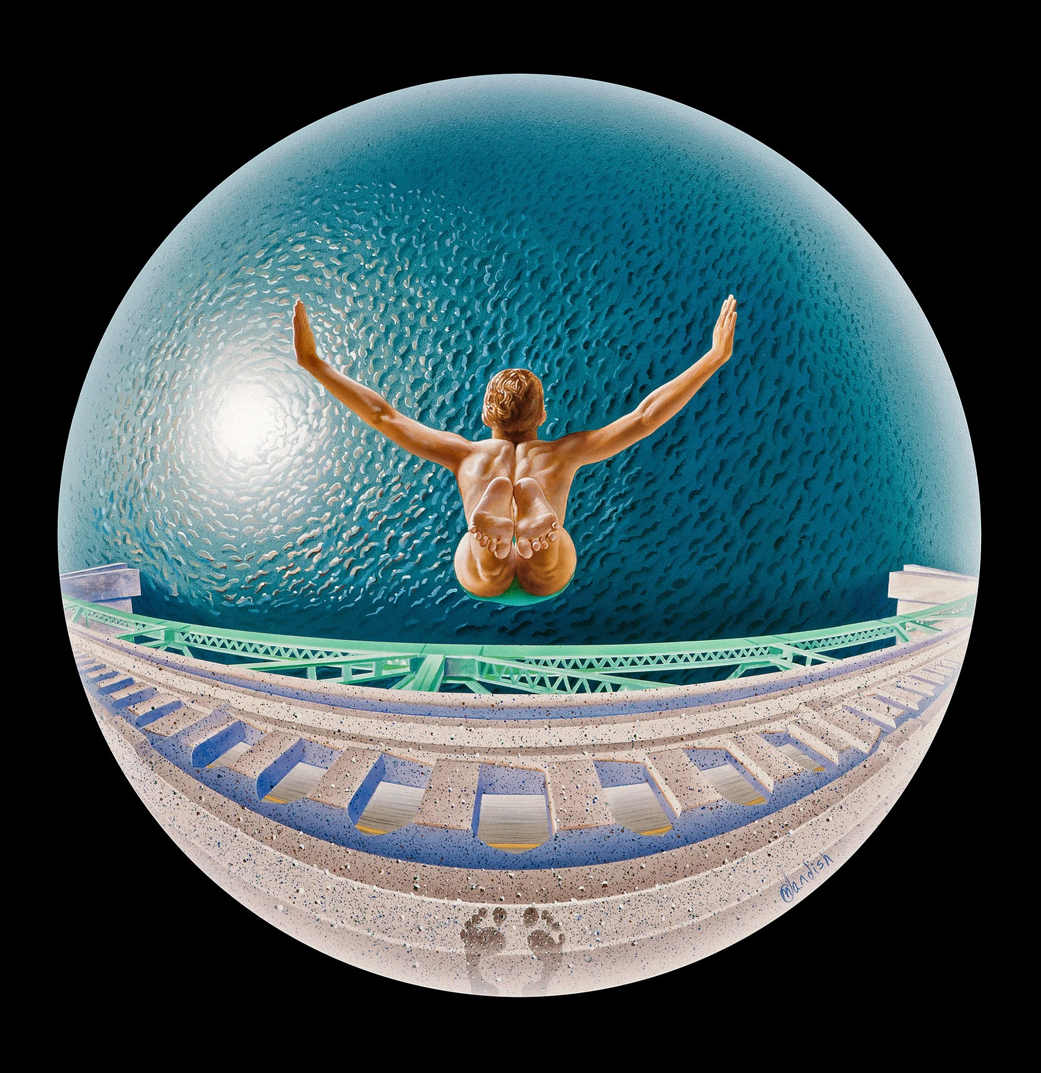 A detailed illustration of a person with arms outstretched, standing on a circular platform beneath a large blue sphere that resembles a planet or celestial body, against a black background.