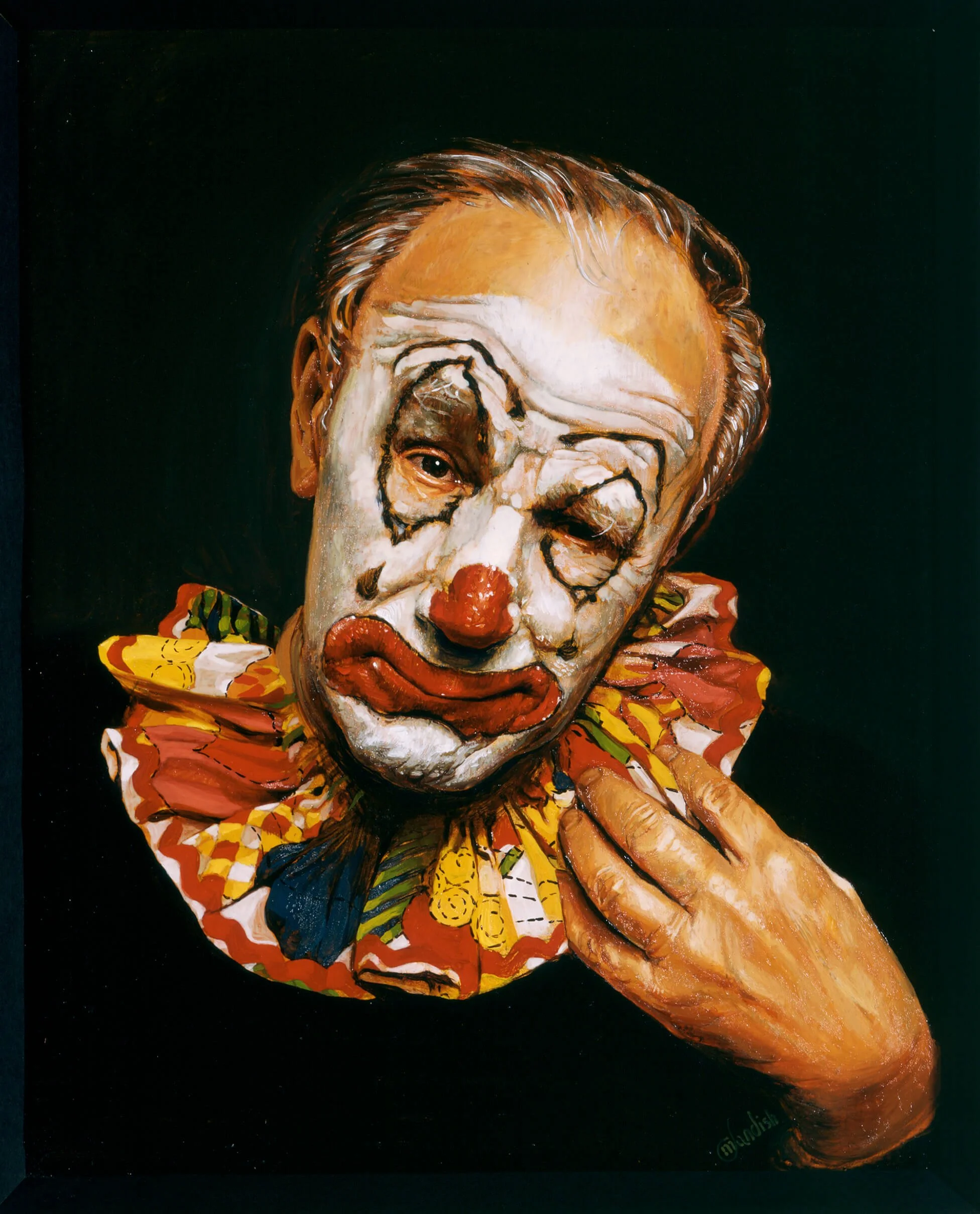 A painted portrait of a clown with a red nose, white face makeup, red lips, and exaggerated facial features, wearing a colorful ruffled costume, set against a black background.