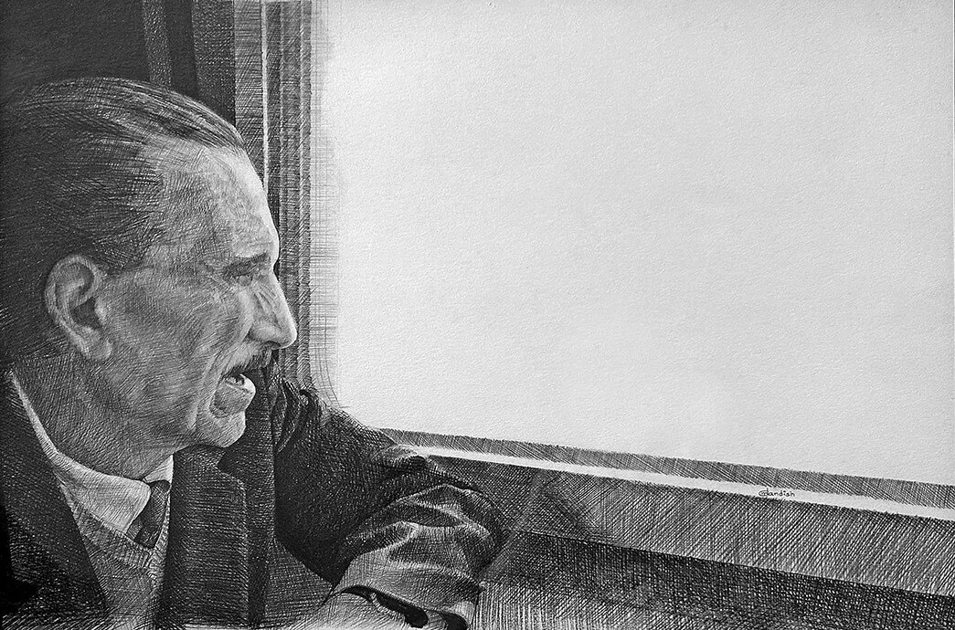 A detailed pencil sketch of a man sitting at a desk, looking at a computer screen. The man has long hair tied back, a mustache, and is dressed in a collared shirt and blazer. The image emphasizes shading and texture in a realistic style.