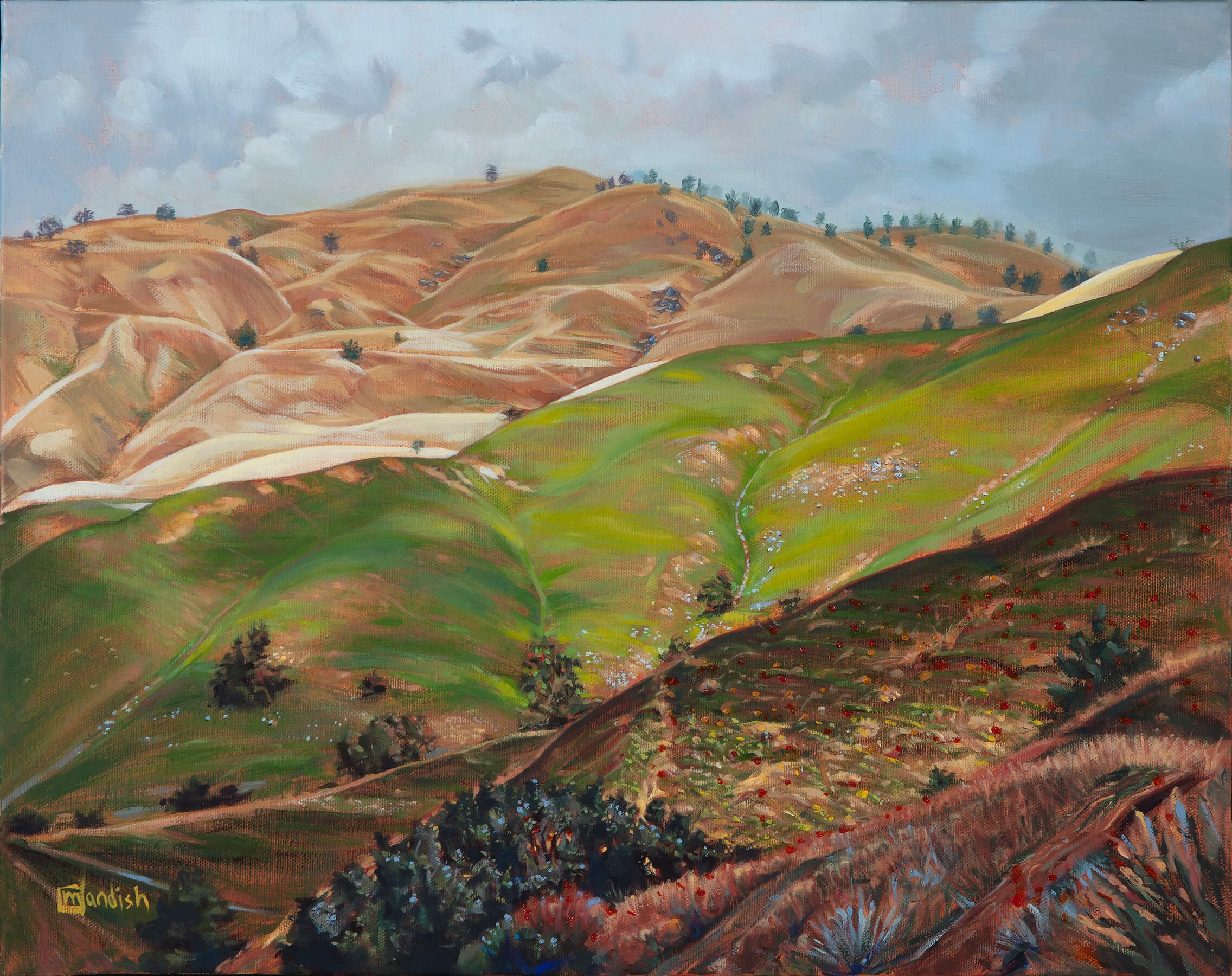 A landscape painting depicting rolling hills with earthy tones and sparse trees, under a cloudy sky. There are small houses or structures scattered across the hills, and a pathway winding through the terrain. The bottom left corner has a signature reading "Tandi".