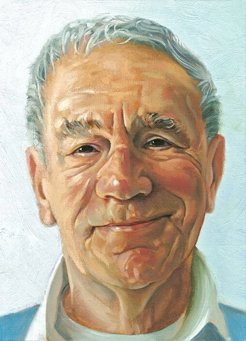 Painting of an elderly man with gray hair, smiling gently, wearing a light-colored shirt