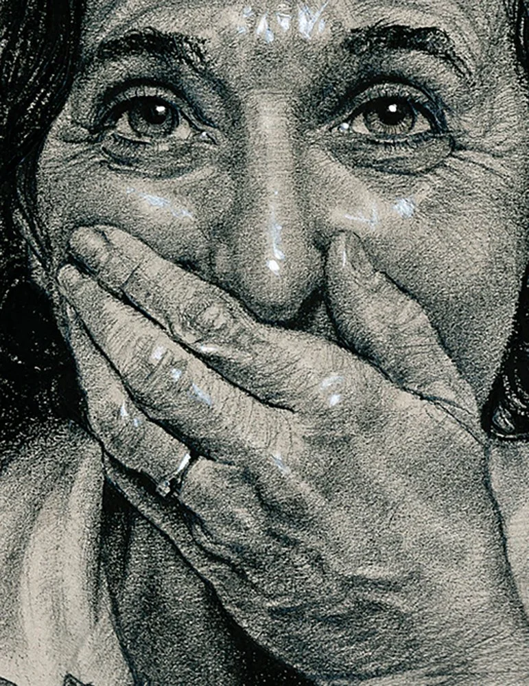 A close-up drawing of an elderly woman with expressive eyes, holding her hand over her mouth, with detailed wrinkles and textured skin.