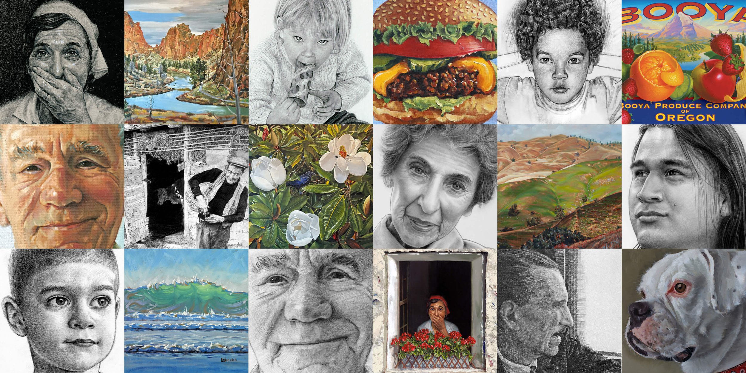 Collage of various artistic portraits and landscapes, including black and white and colored sketches, figurative paintings of people, animals still life works and landscapes.