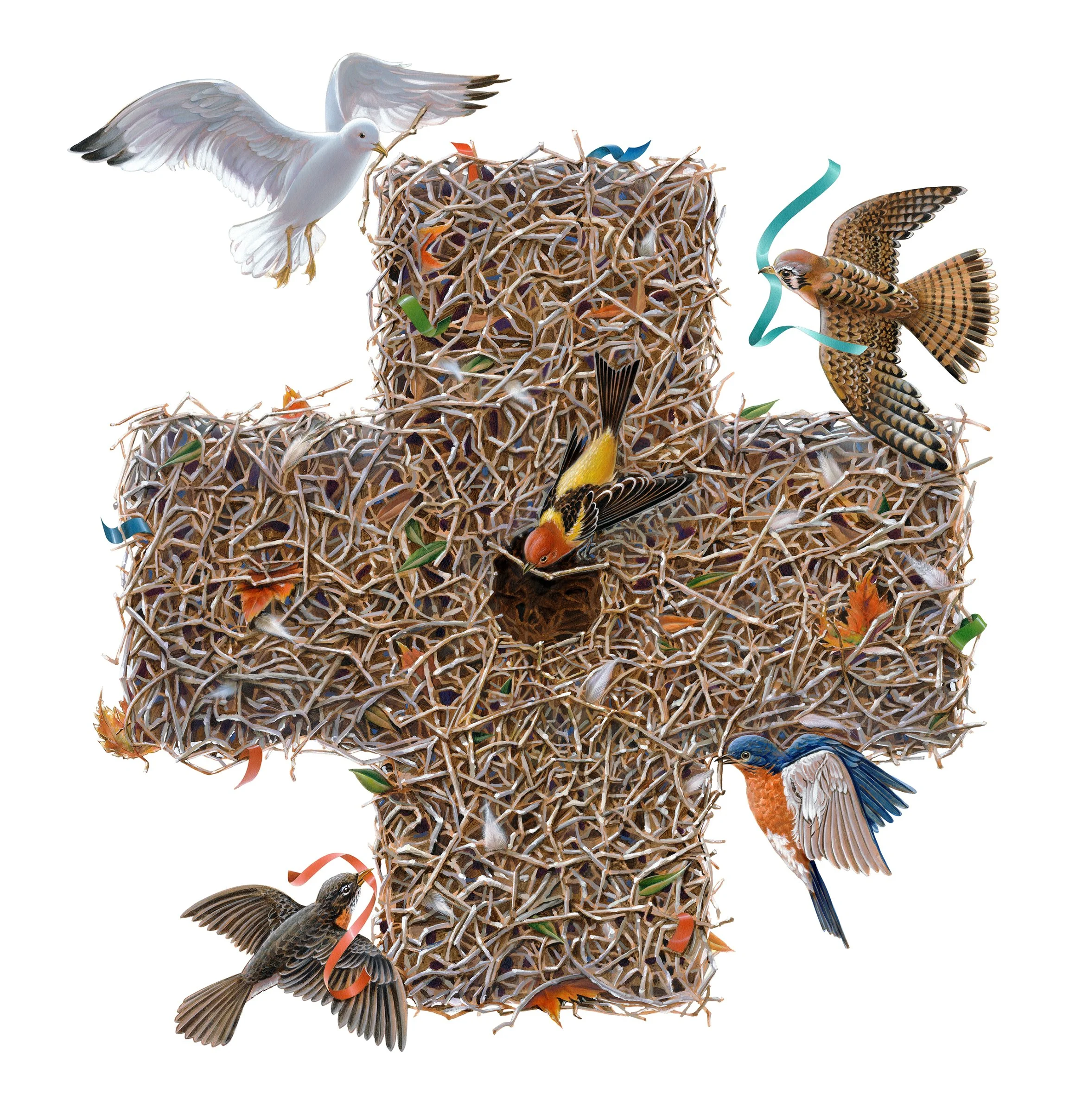 Birds feeding a nest with multiple colorful ribbons in a white background