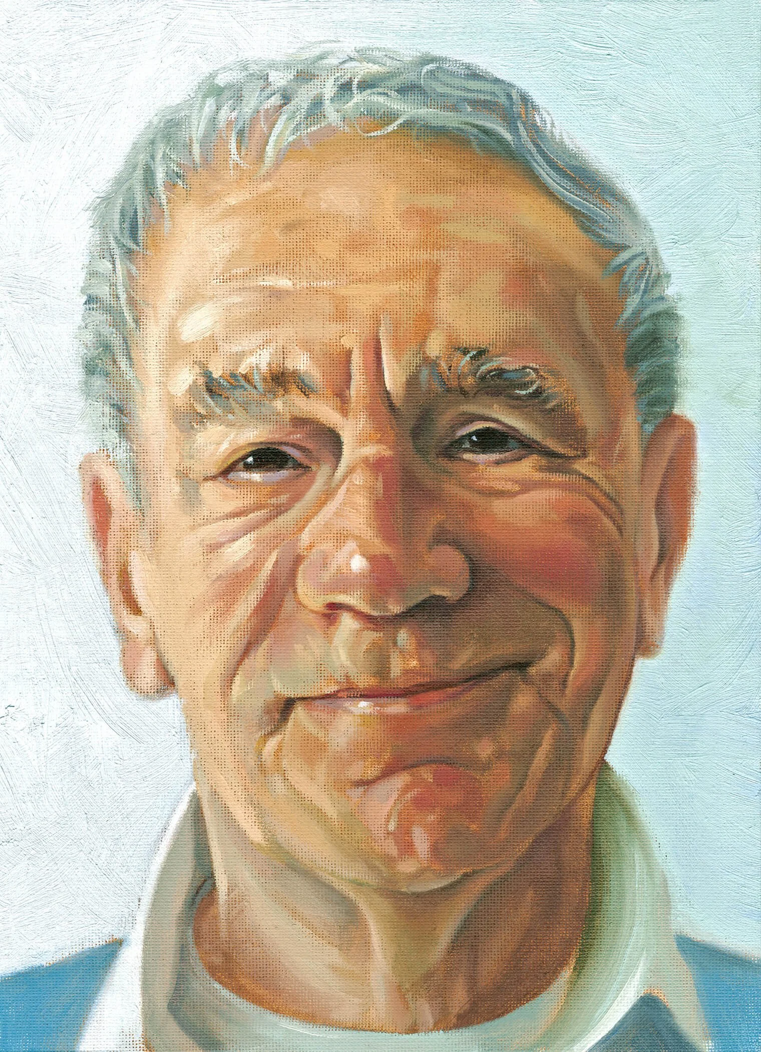 A portrait of an elderly man with gray hair smiling, wearing a white shirt and a dark jacket.
