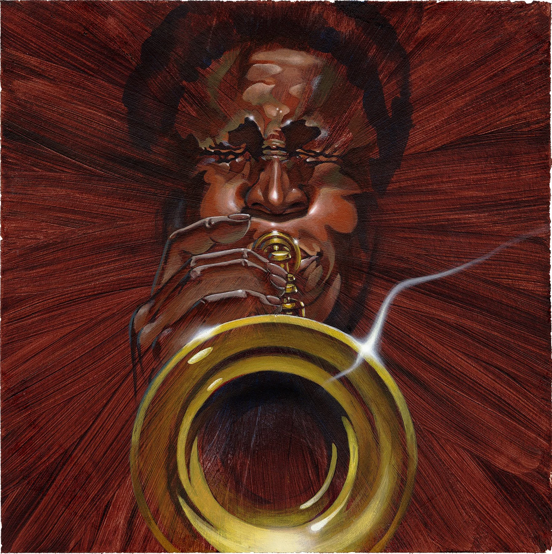 A black man, blowing hard on a brass trumpet. The background features an energetic radial pattern.