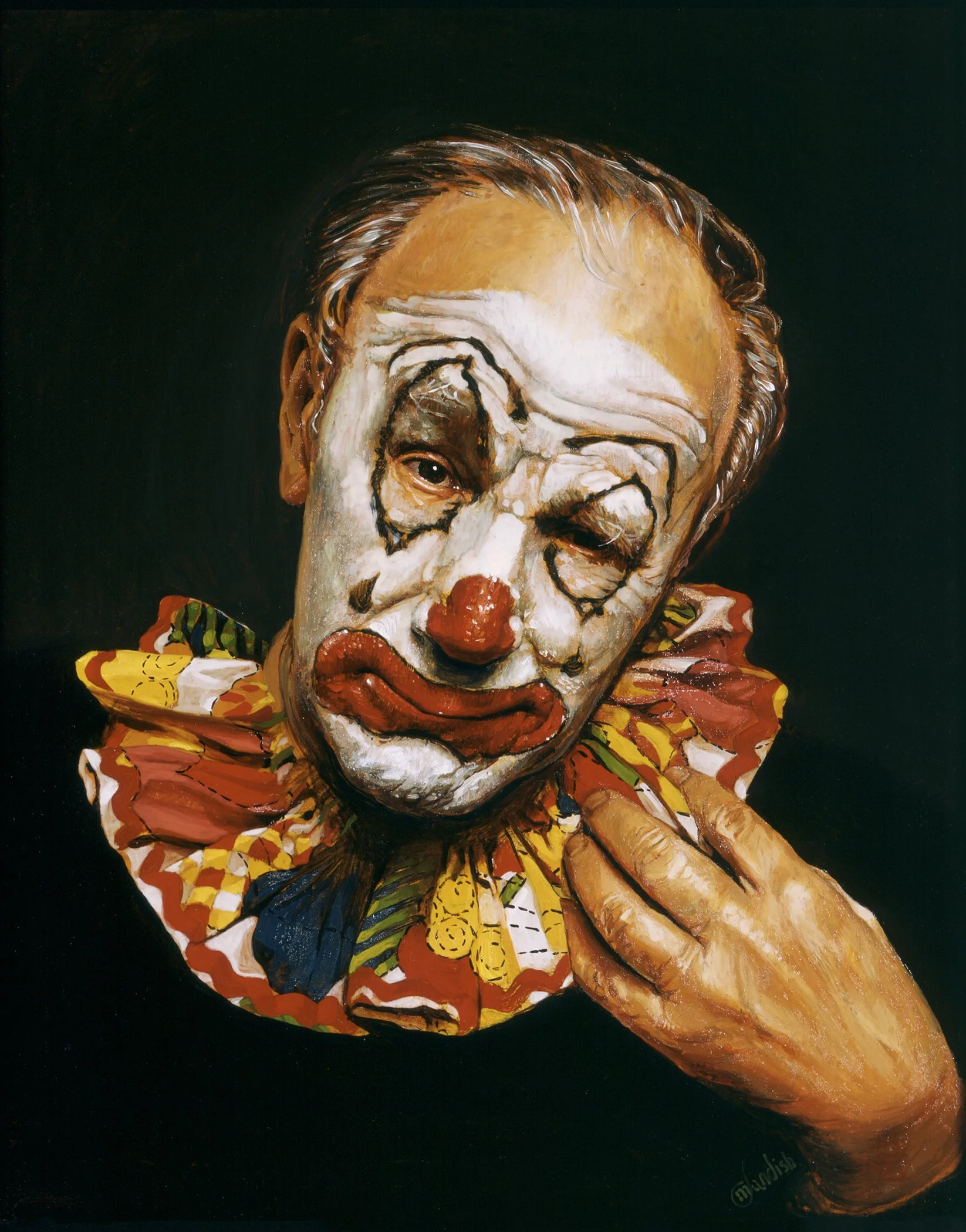 A colorful oil painting of a sad clown with a white face, red nose, and exaggerated red lips, wearing a yellow and green ruffled collar against a dark background.