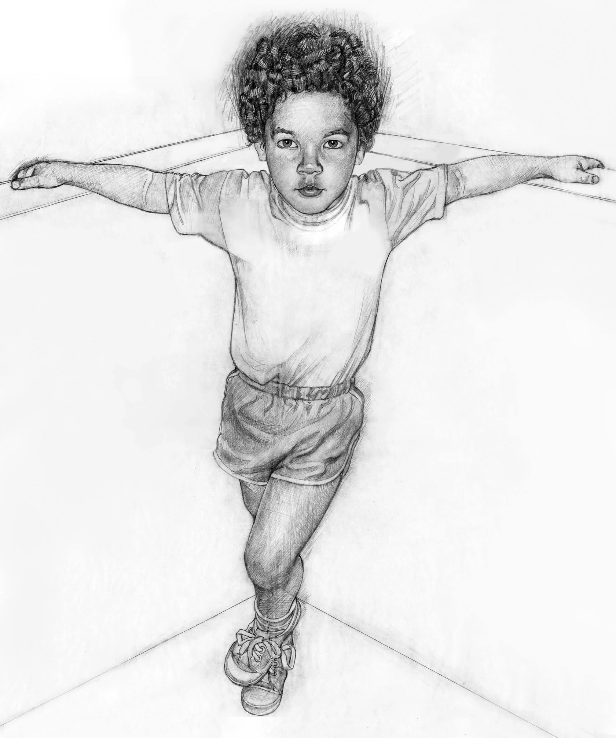 A realistic pencil drawing of a young girl with curly hair in a sports uniform, running with her arms outstretched, wearing running shoes.