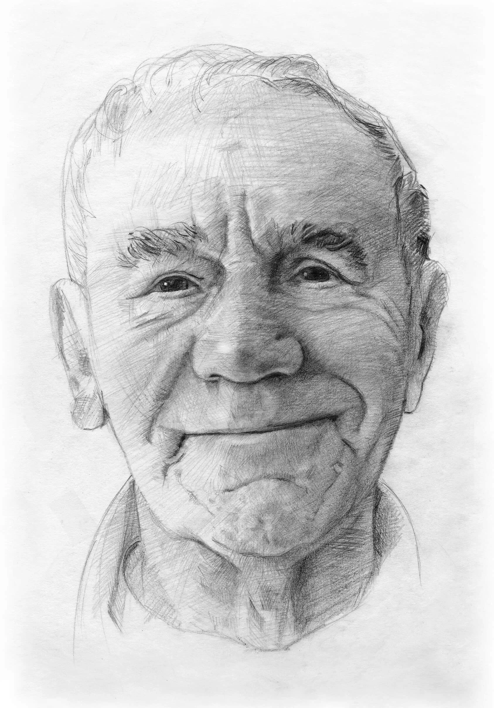 Pencil sketch of an elderly Asian man with short, gray hair, smiling gently.