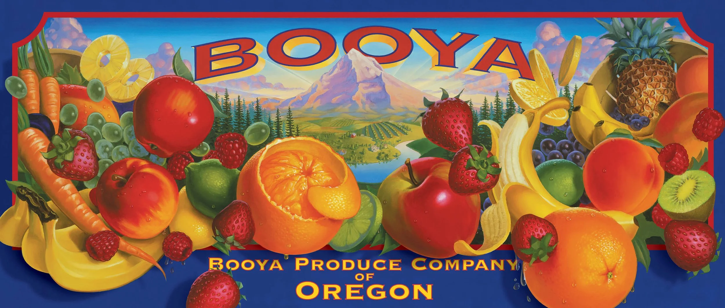 Colorful illustration of various fruits, including strawberries, oranges, bananas, pineapples, and grapes, with a landscape featuring a mountain and a river in the background. The word 'BOOYAR' is displayed at the top, and at the bottom, it reads 'BOOYAR PRODUCE COMPANY OF OREGON'.