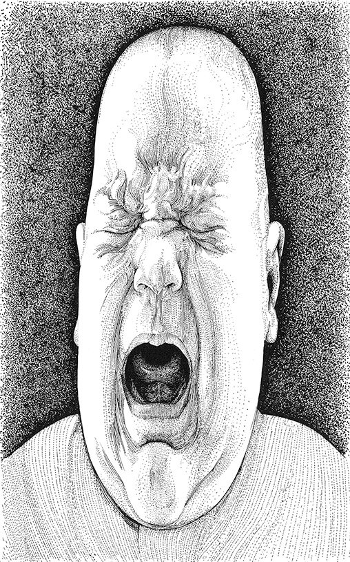 A black and white drawing of a person with an exaggerated elongated face, eyes tightly shut, mouth open in a scream, and eyebrows scrunched up, against a textured dark background.