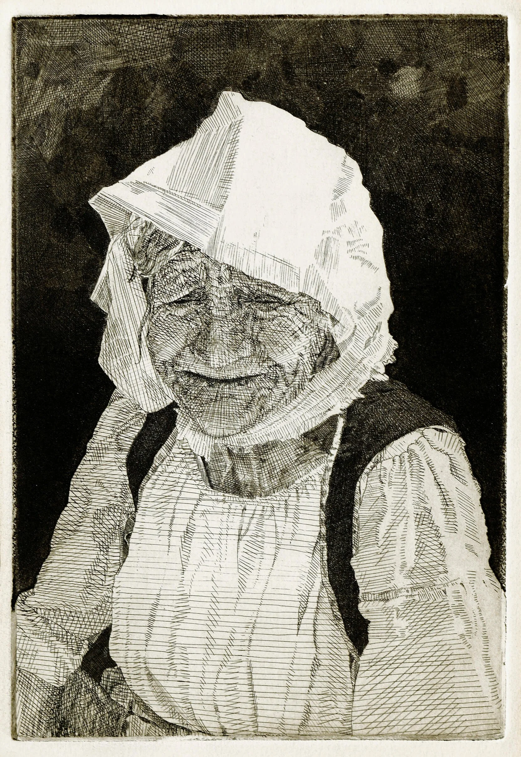 A portrait of a woman wearing a headscarf, wearing glasses, and smiling with her hand against her forehead, created with detailed linework and crosshatching.