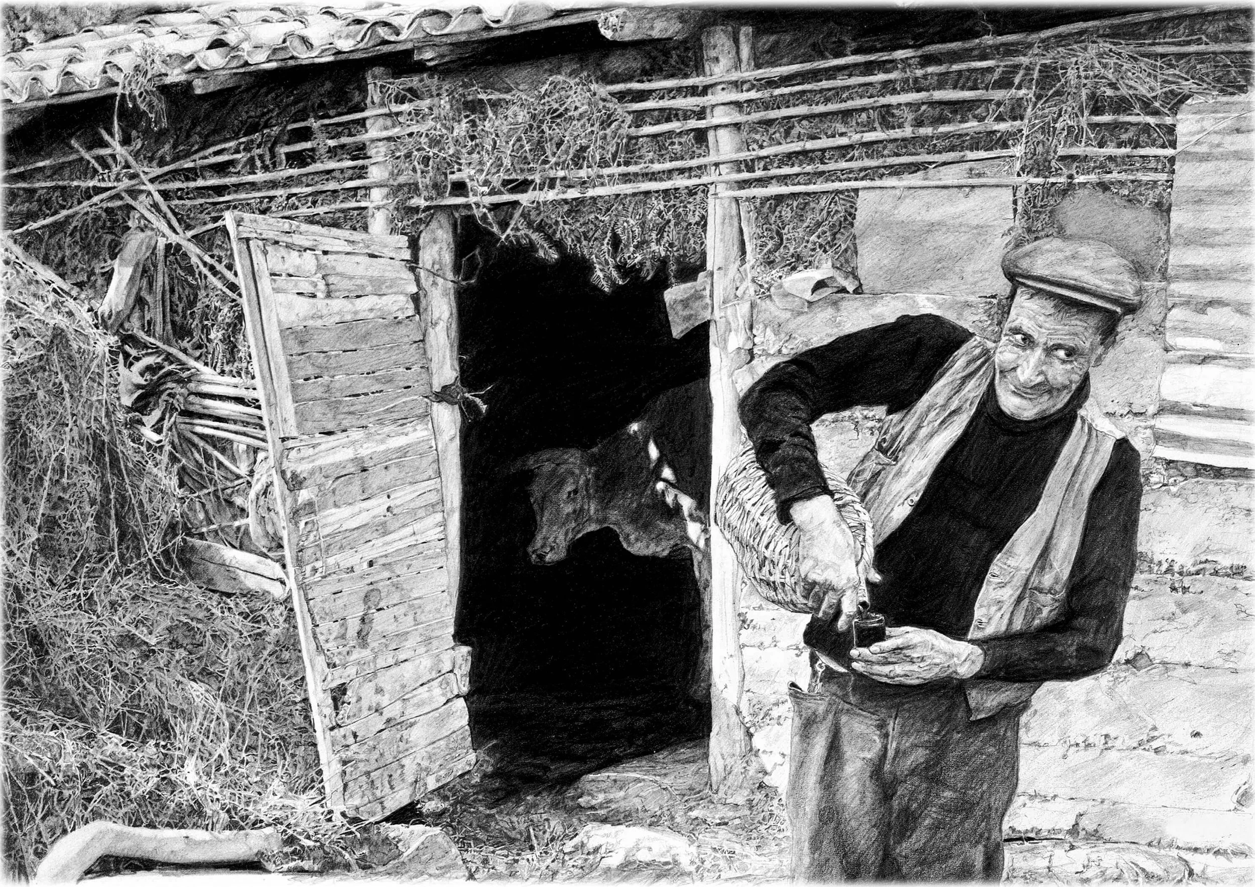 An elderly man wearing a hat and vest stands outside near a small wooden structure, surrounded by tall grass and plants.