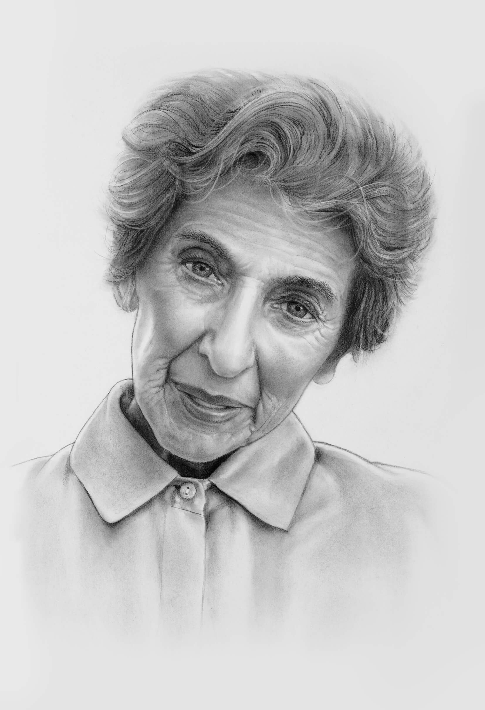 A black and white pencil drawing of an elderly woman with short wavy hair, wearing a collared shirt, smiling gently.