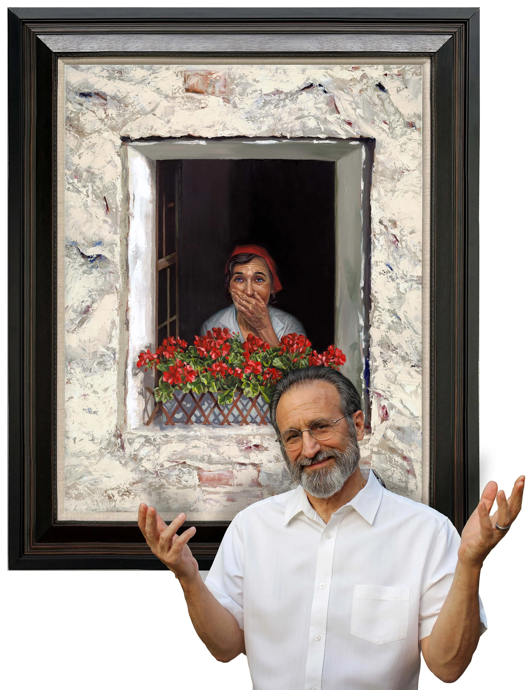 A man with glasses and a white shirt standing in front of a framed painting and holding his hands up, gesturing with a look of surprise or excitement.