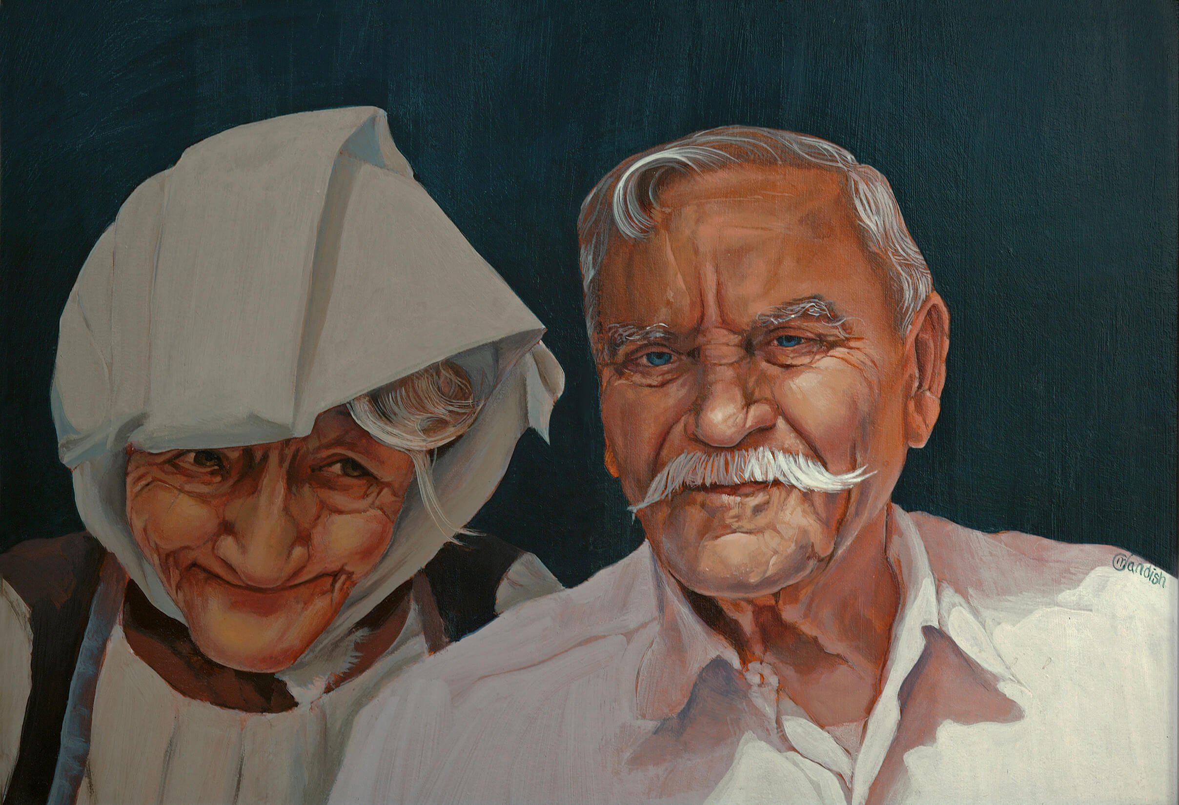 Painting of two elderly individuals, a man and a woman, smiling with their heads close together. The woman wears a white headscarf, and the man has gray hair and a beard.