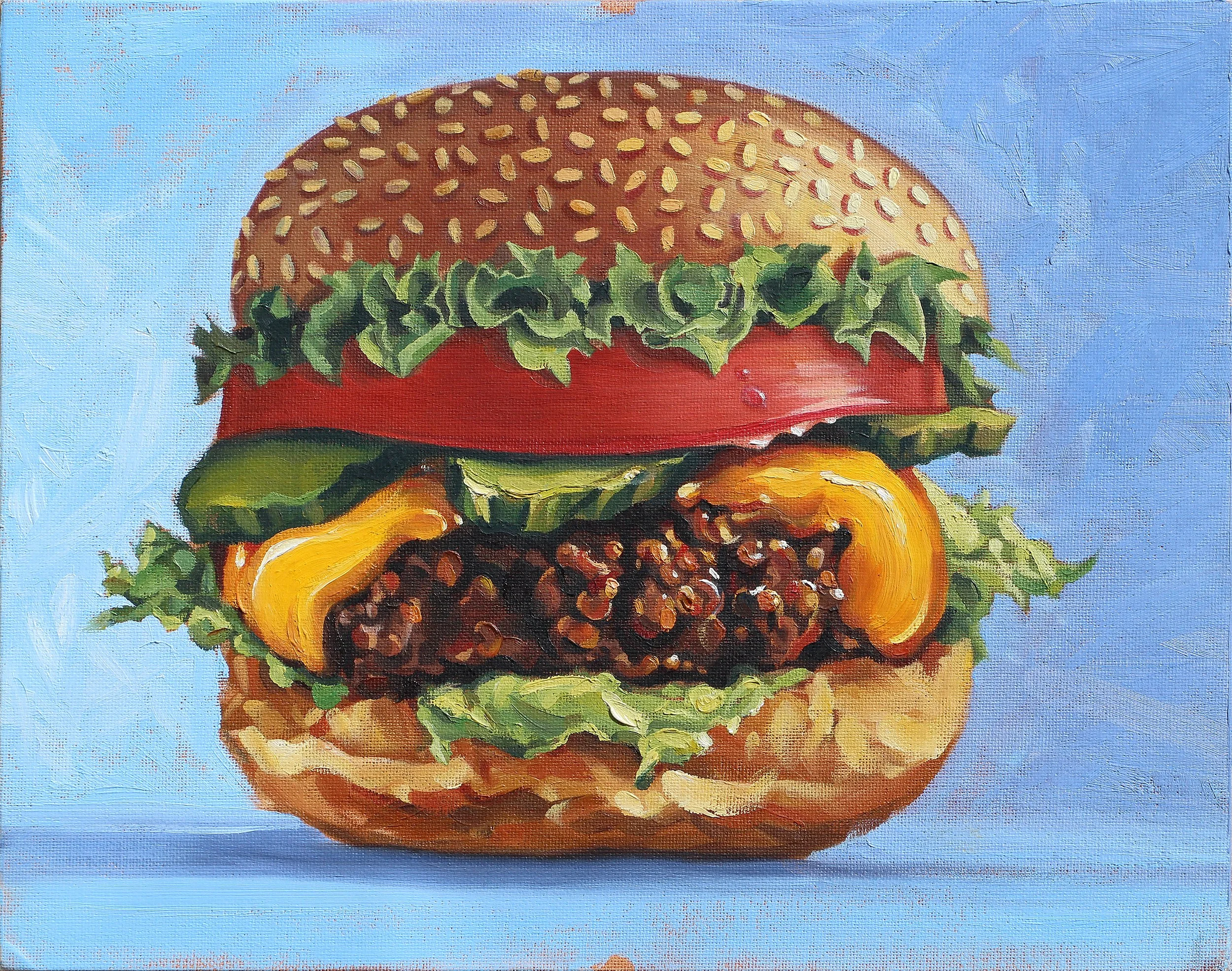 Painting of a bulging burger with lettuce, tomato, cheese, and a sesame seed bun on a blue background.
