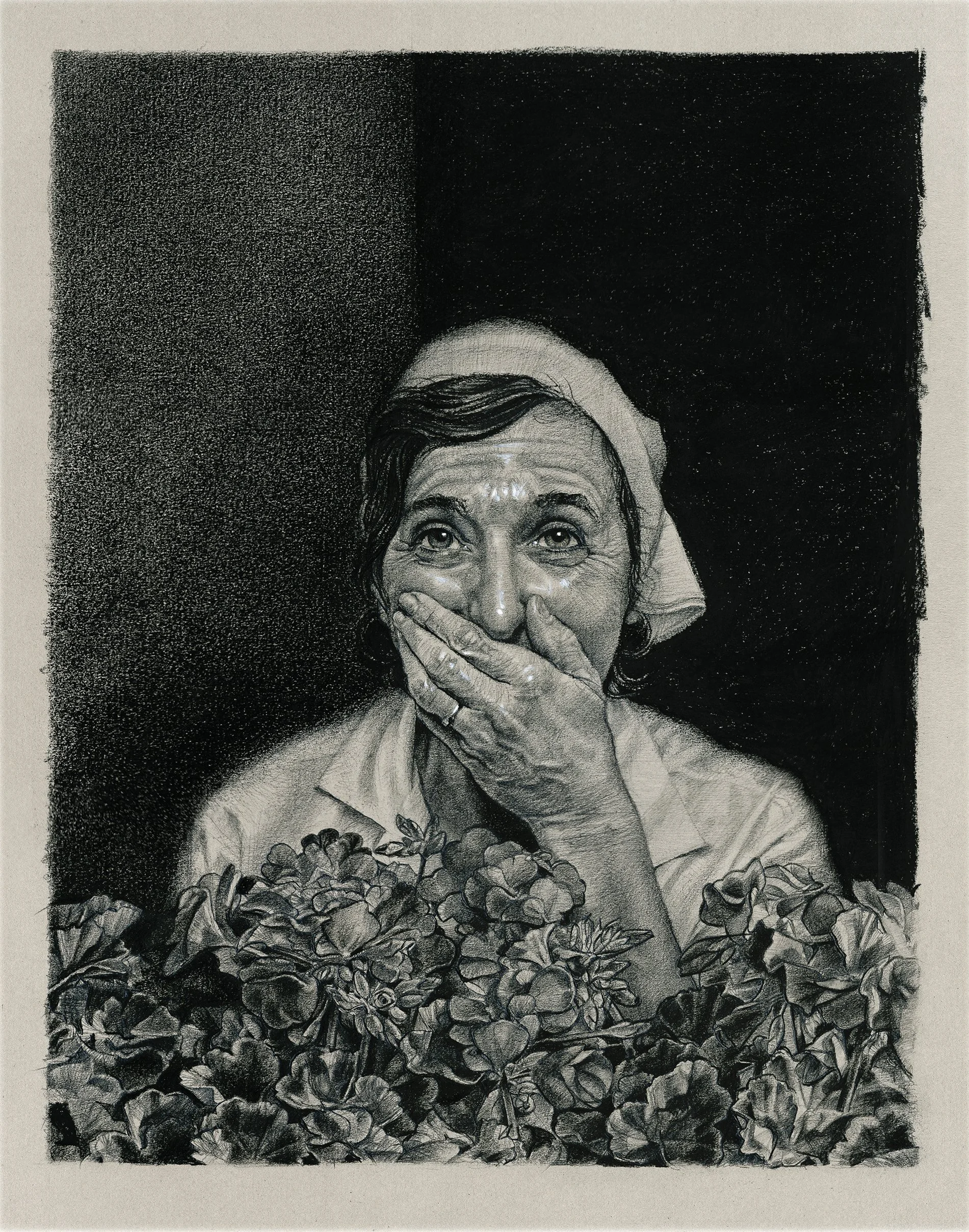 A drawing of an elderly woman with gray hair, wearing a dress behind a bunch of flowers, with her hand covering her mouth and a joyful expression on her face, against a dark background.