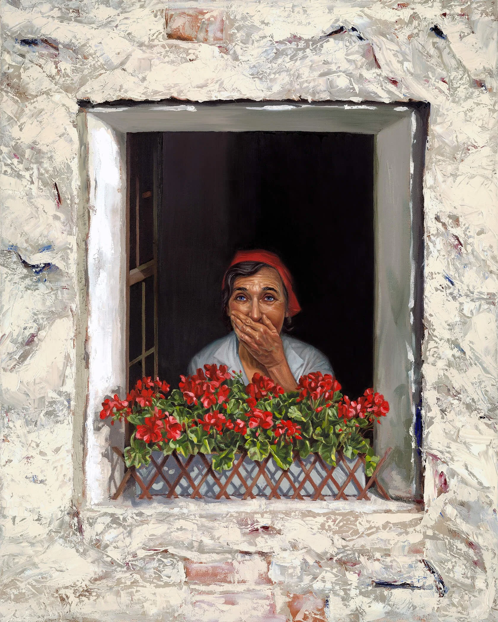 Painting of an older woman with gray hair, wearing a red headscarf, holding a hand to her face, standing in front of a window with red flowers in a basket.