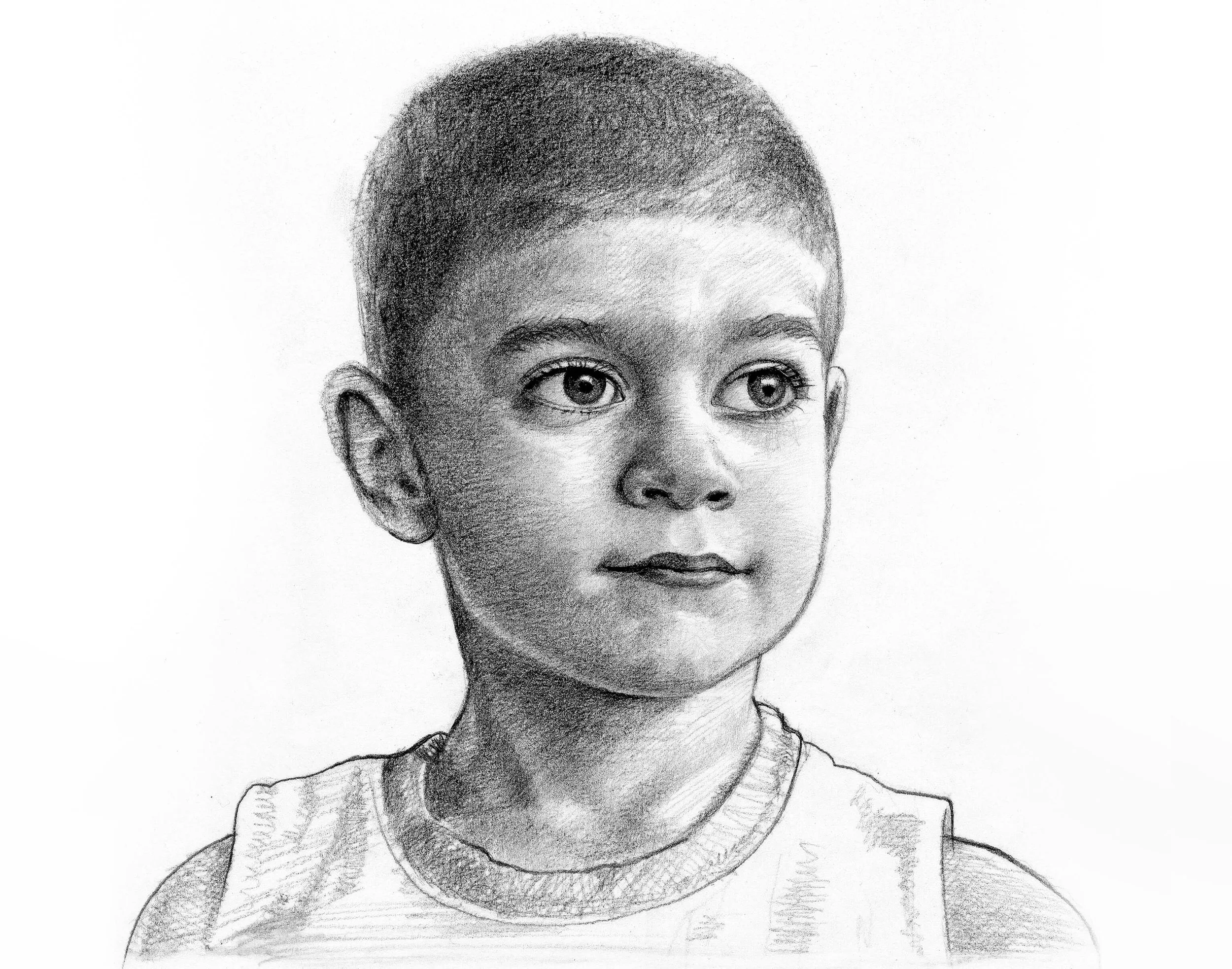Sketch of a young boy with short hair, wearing a hoodie and a t-shirt.