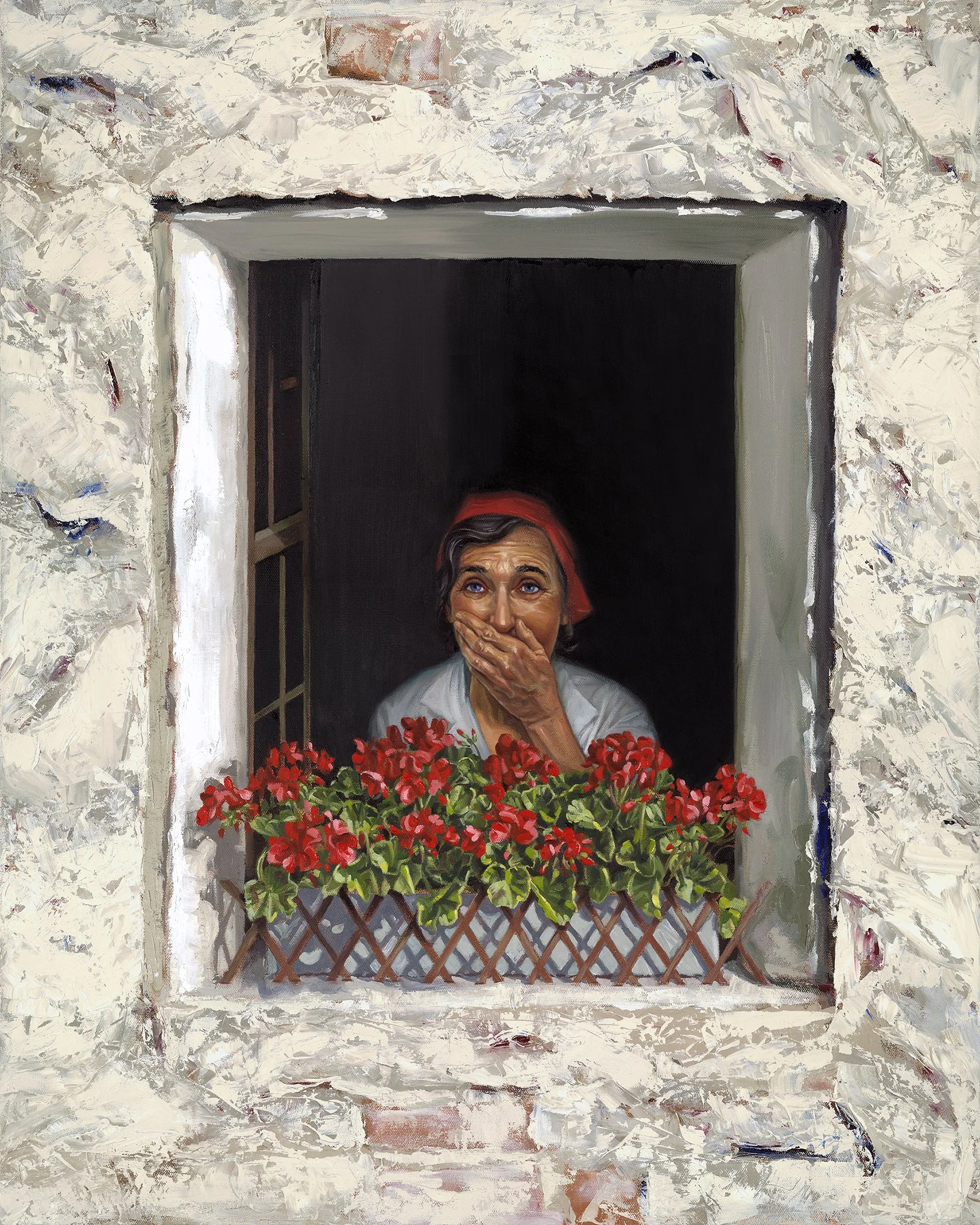 Painting called "The Witness" featuring a woman with short dark hair, a red headband, and a white shirt is looking up with her hand covering her mouth, standing in front of a window with a flower box filled with red geraniums.