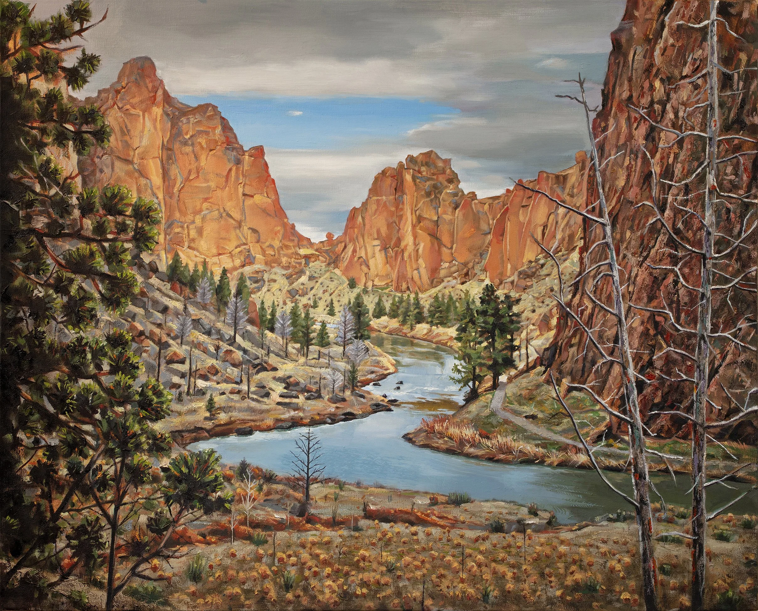 A painting of a canyon landscape with a river running through it, surrounded by tall red and brown cliffs, green pine trees, and a cloudy sky.