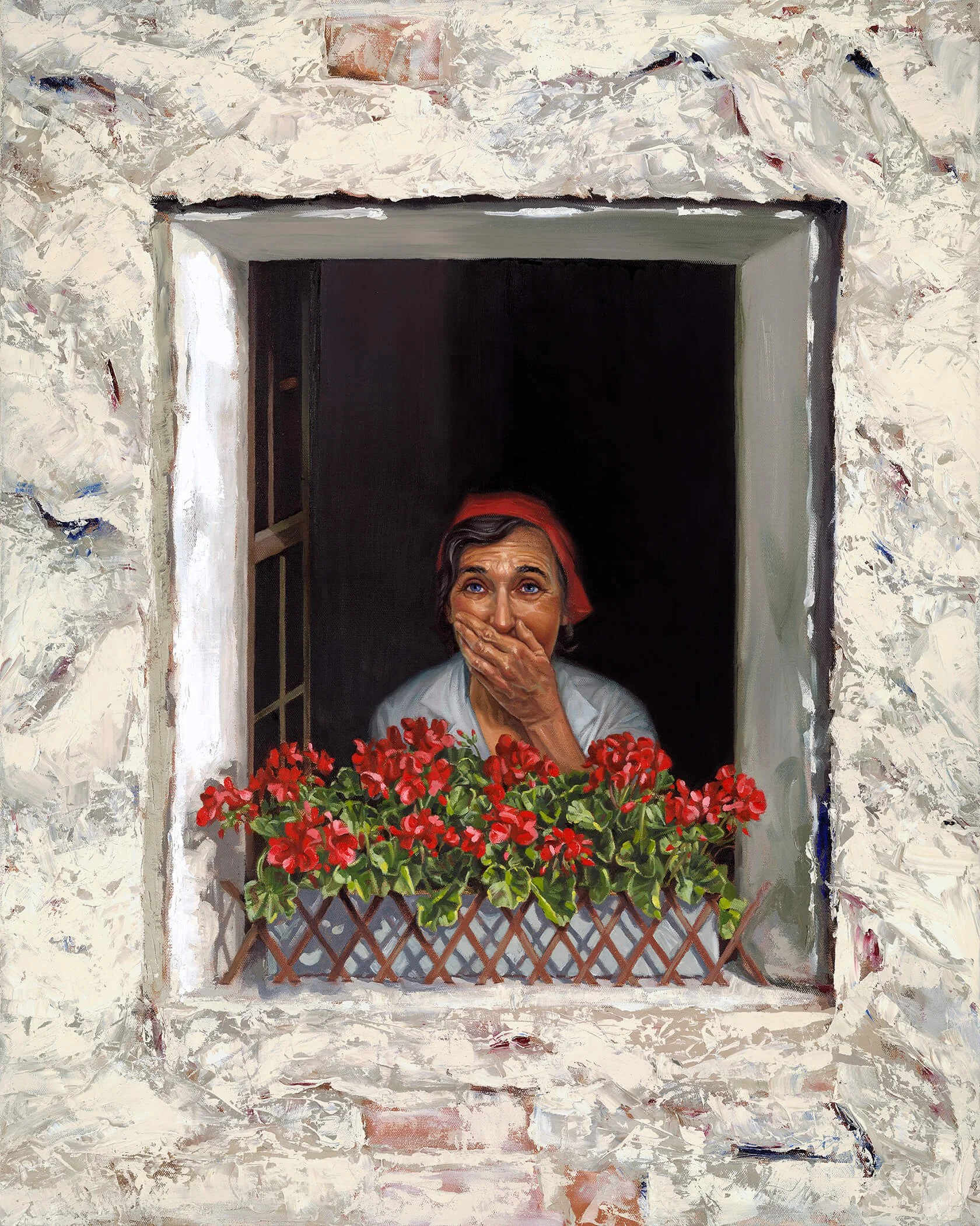 A woman with gray hair, a red headscarf, and a gray top stands behind a window with red flowers in a basket, covering her mouth with her hand, in a painted style.