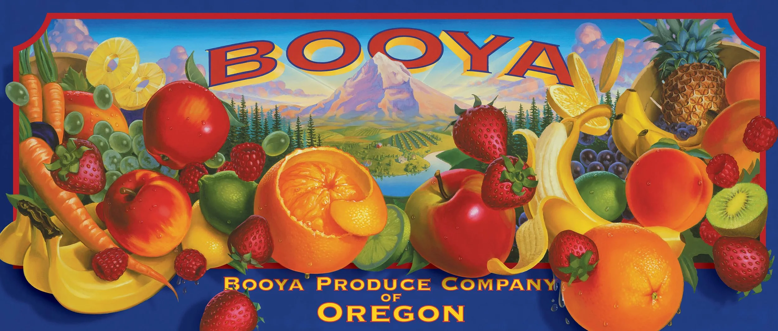 Colorful illustration reminiscent of classic orange crate art of various fruits including strawberries, bananas, oranges, pineapples, kiwis, grapes, and carrots, with a scenic mountain landscape in the background and the word 'BOOYA' at the top.