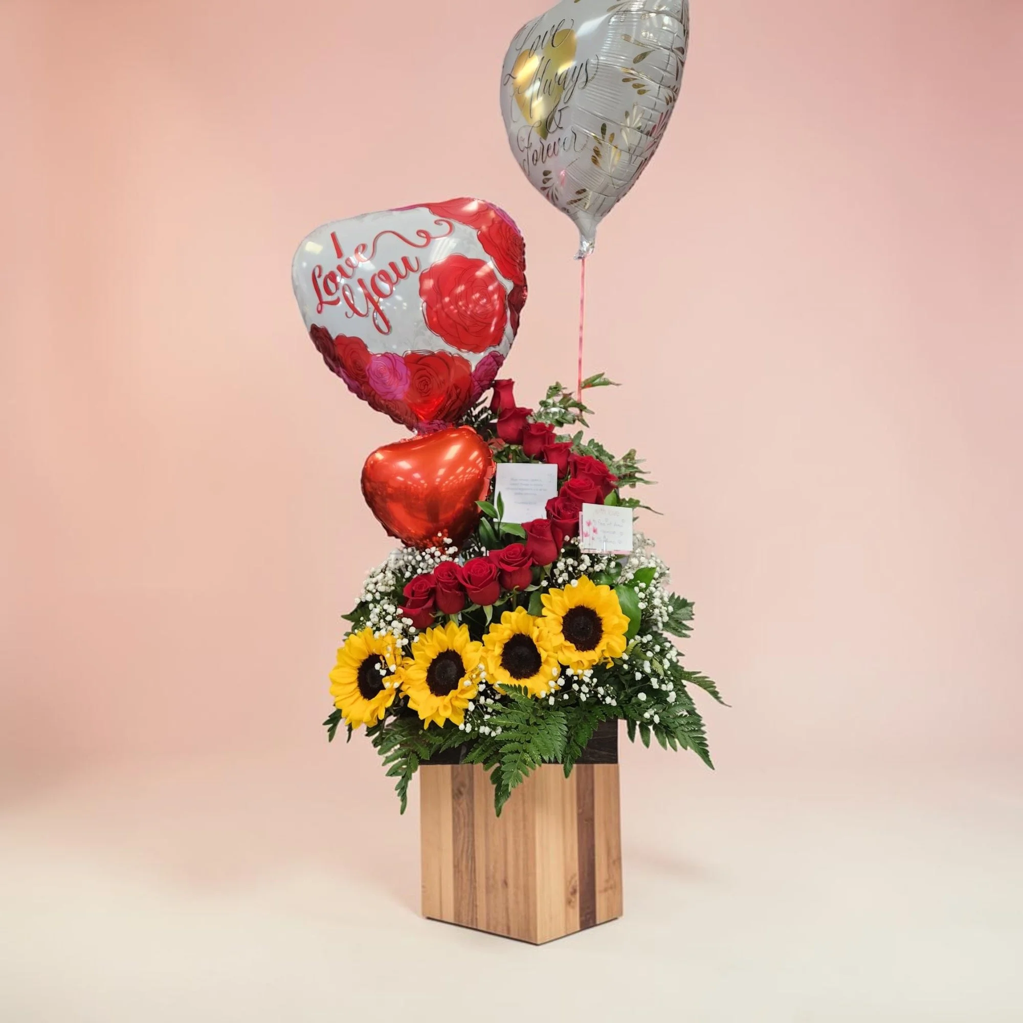 Joyful Blossoms and Heart Balloons Arrangement