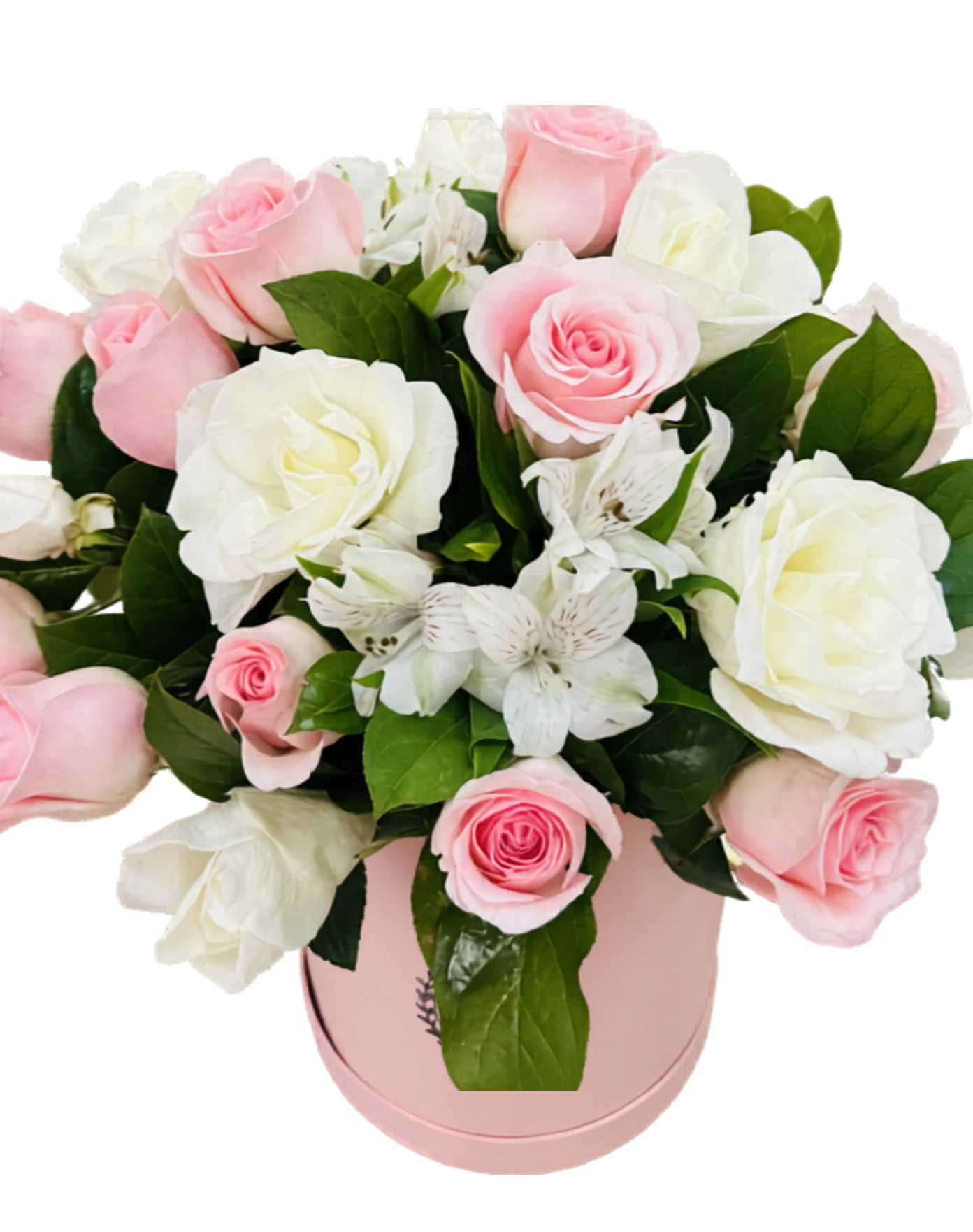 A bouquet of pink and white roses, white lilies, and green leaves arranged in a pink vase.