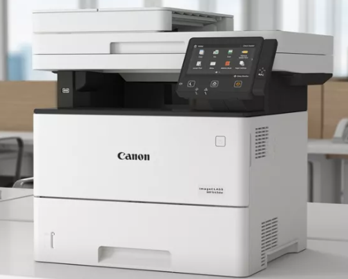 Canon multifunction office printer with a touchscreen control panel in an office setting.