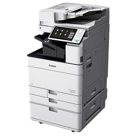 A multi-function Canon office copier and printer with a control panel and paper trays.