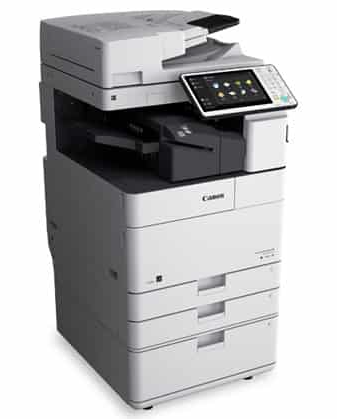 A large multi-function laser printer with a control panel and paper trays.