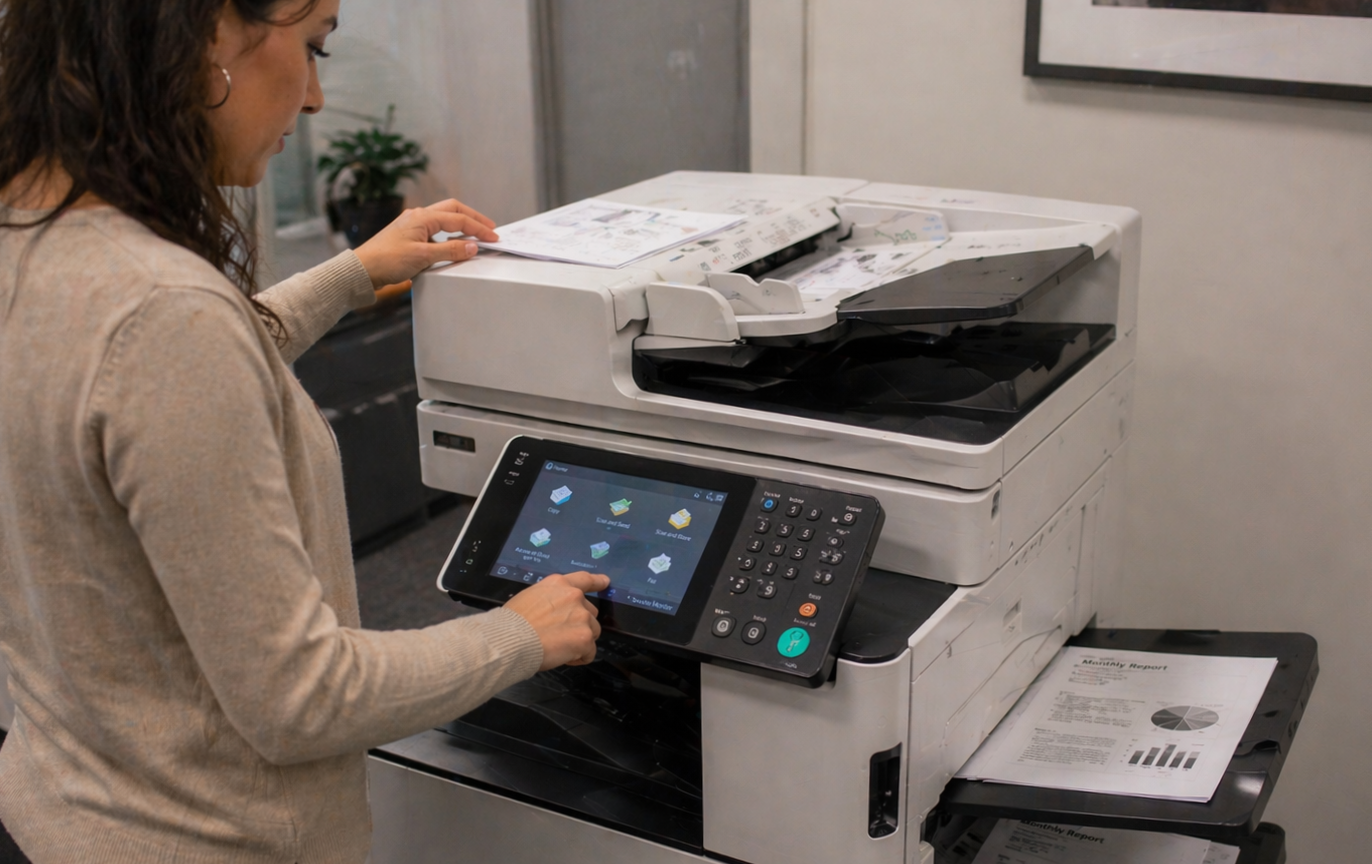 A woman using a large multifunctional office printer with a touchscreen panel, printing documents, with printed reports beside it.