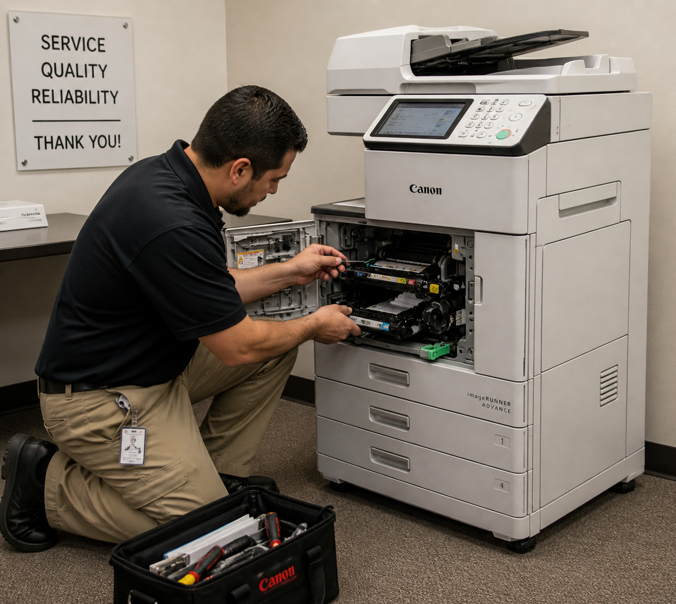 A technician kneeling and working inside a Canon multifunction printer in an office, with tools in a black tool bag nearby.