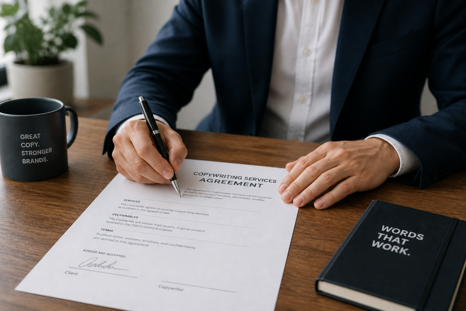 A person in a suit signing a copywriting services agreement at a wooden table, with a black mug and a black notebook with the phrase 'Words That Work' on the cover.