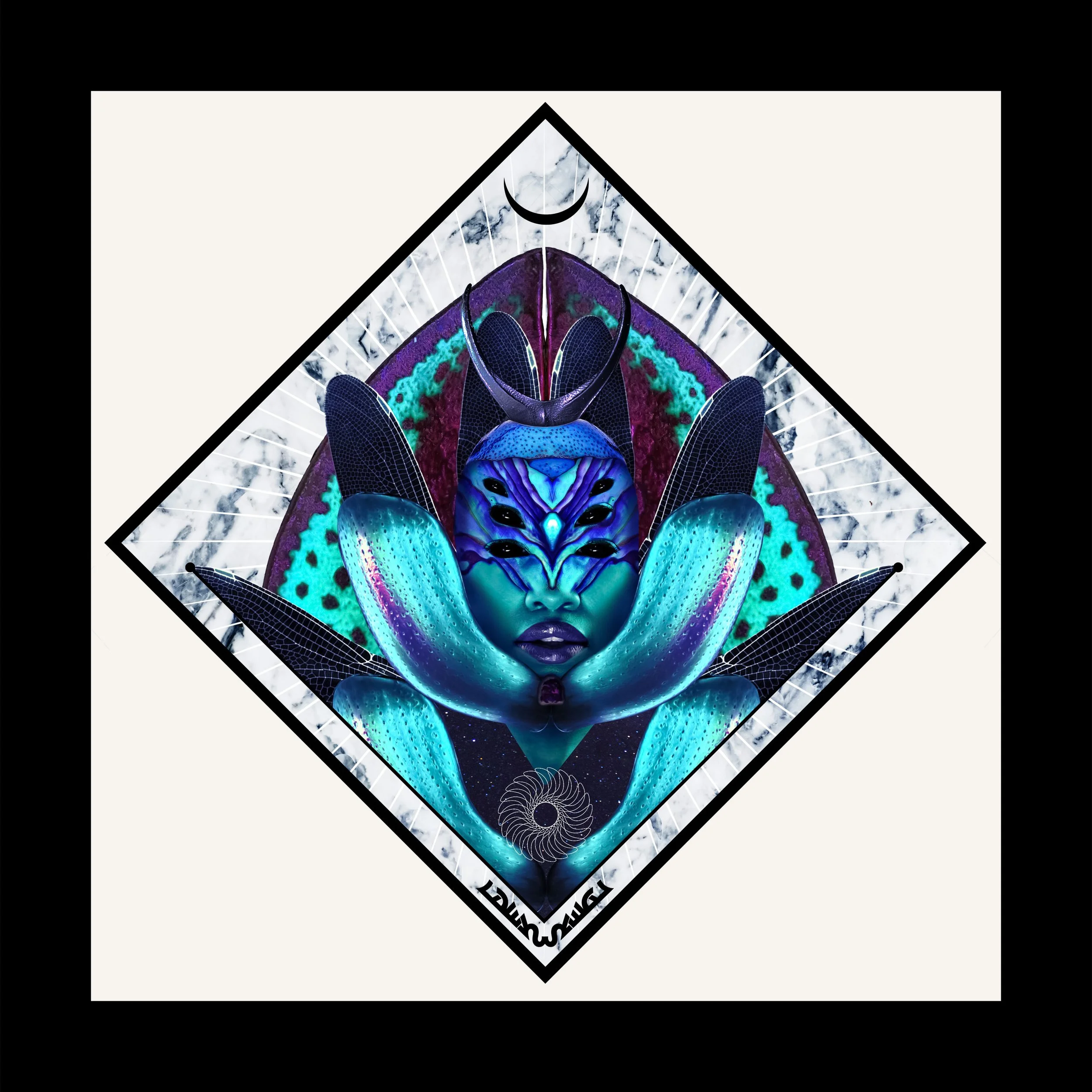 A postage stamp with a surreal, neon-colored depiction of a female face with fantasy elements, framed by a black border with white rays behind her, and a black crescent moon at the top.