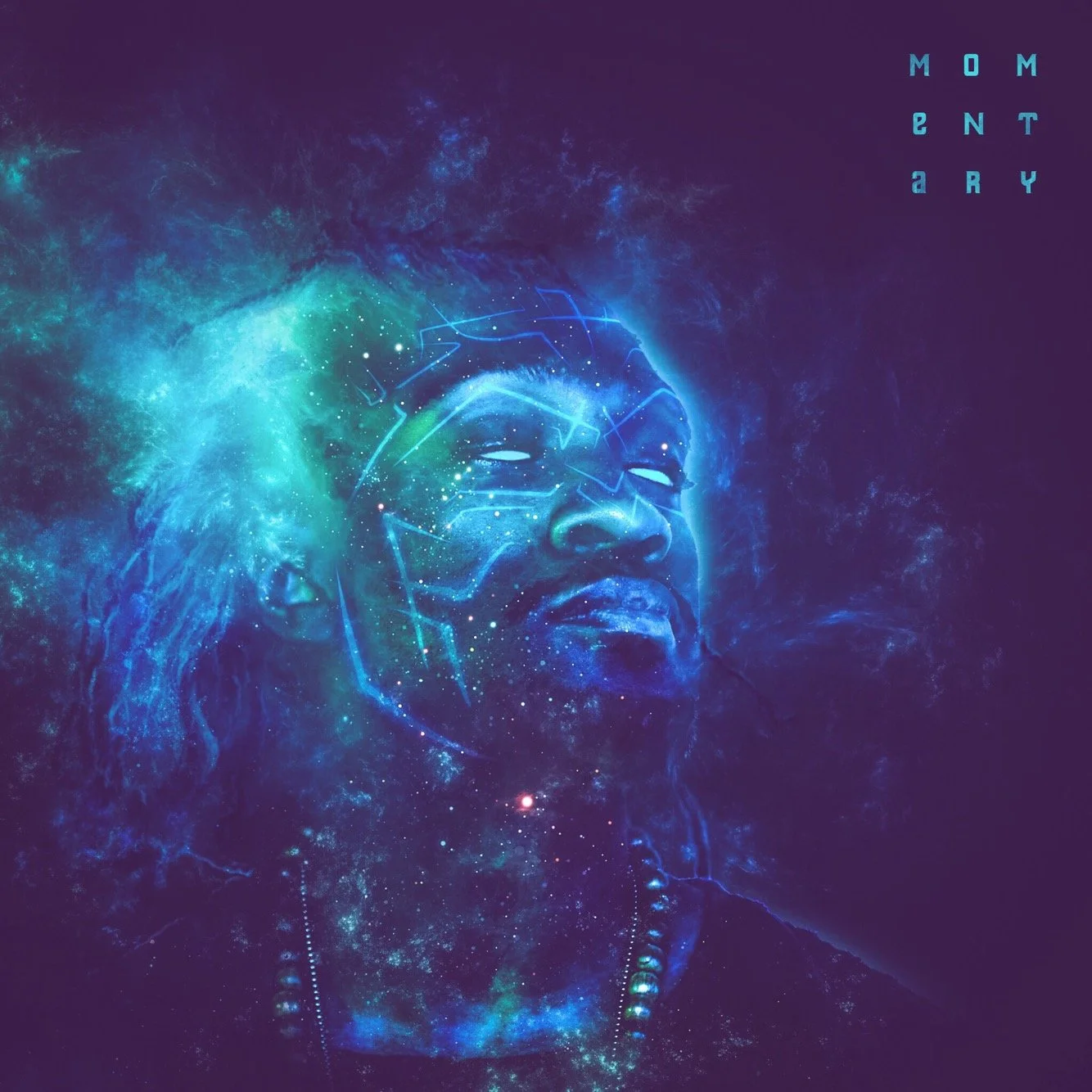 Digital artwork of a man's face with closed eyes, surrounded by a cosmic, galaxy-like scene with blue, green, and purple hues. The man's face has glowing, circuit-like lines, and he's wearing beaded necklaces. The words 'MOMENTARY' are written vertic