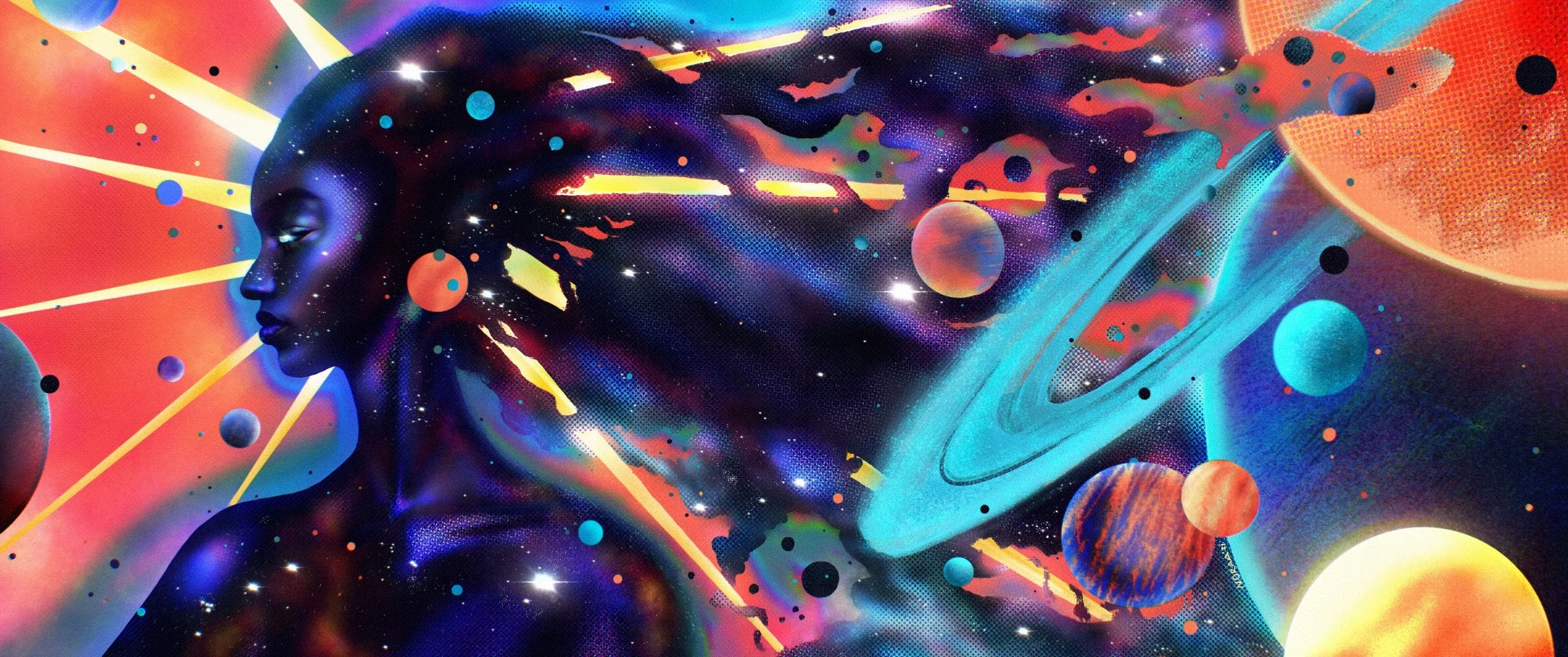 A vibrant, cosmic-inspired artwork depicting a black woman's profile with flowing hair blending into colorful planets, stars, and space elements, illuminated by neon and cosmic colors.