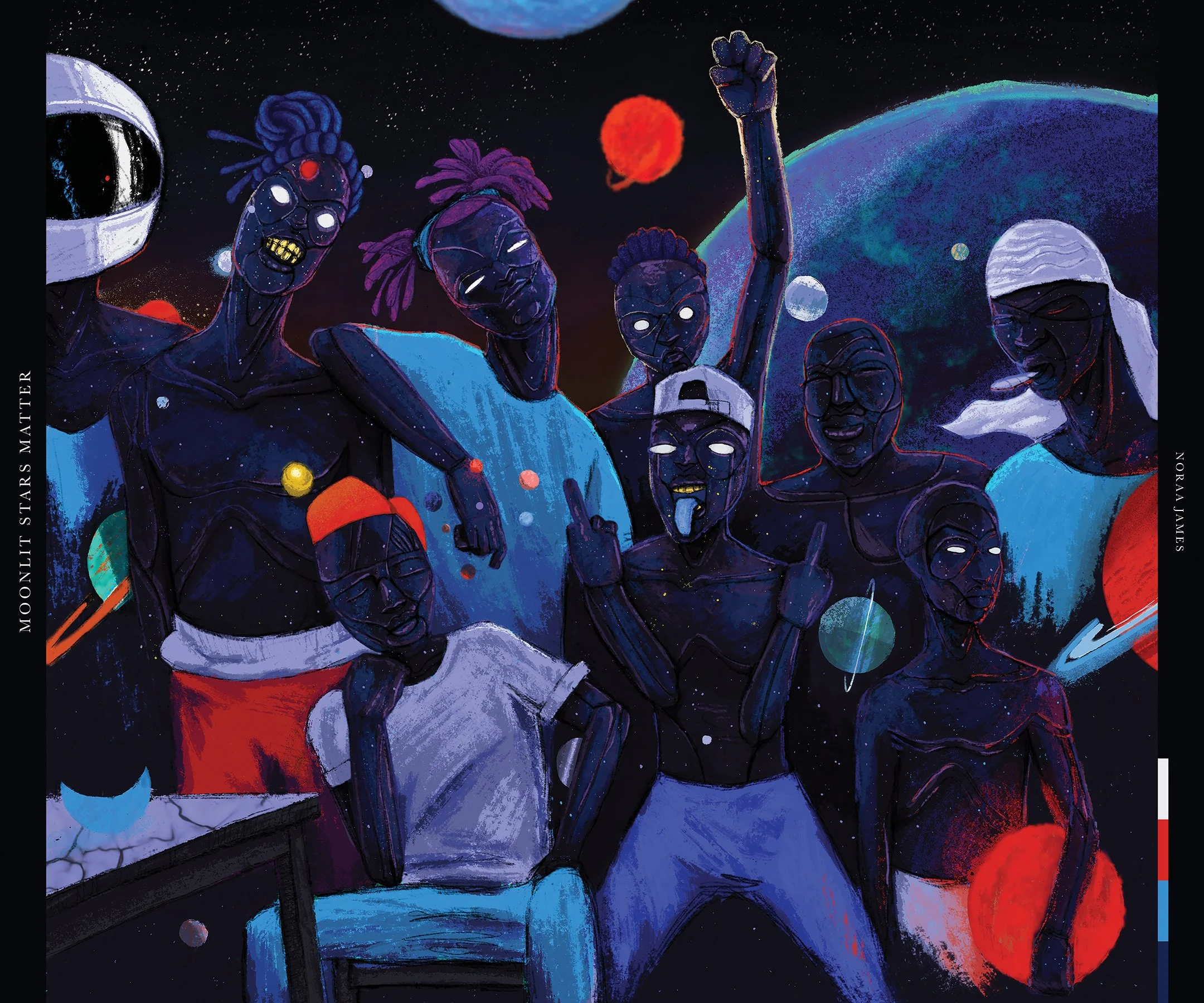 An illustration of diverse, expressive characters in space-themed attire, set against a cosmic background with planets and stars.