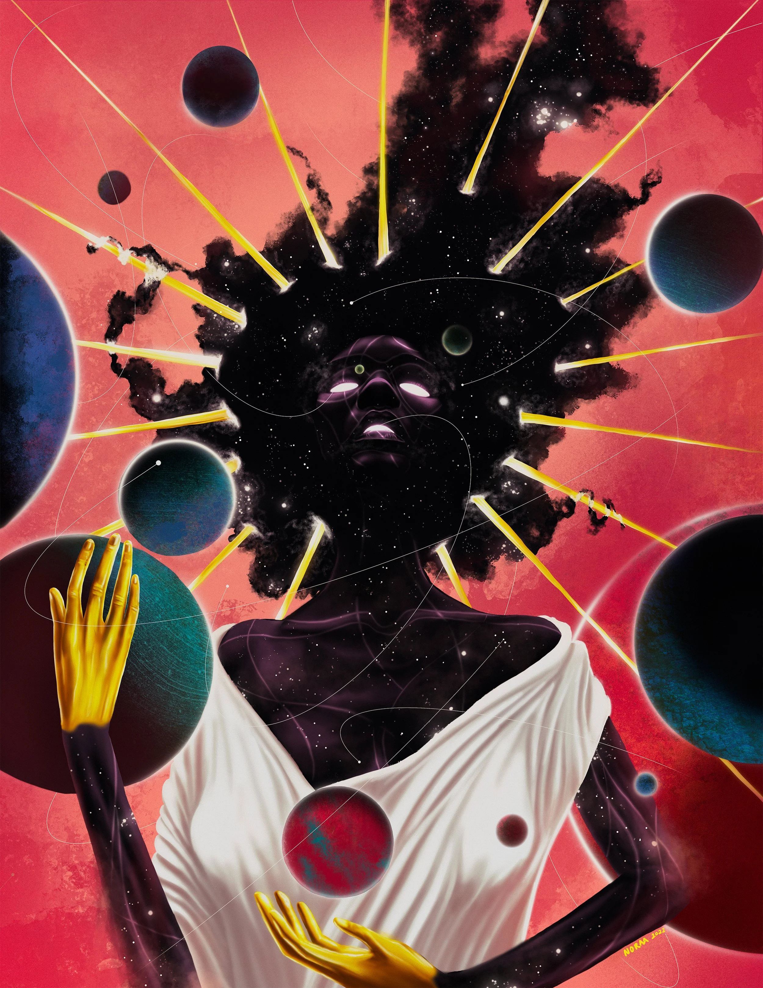 A surreal digital artwork depicting a female figure with dark skin and bright yellow hands, surrounded by floating planets, streaks of light, and cosmic elements set against a pink background. The figure's face appears to dissolve into the cosmic sce