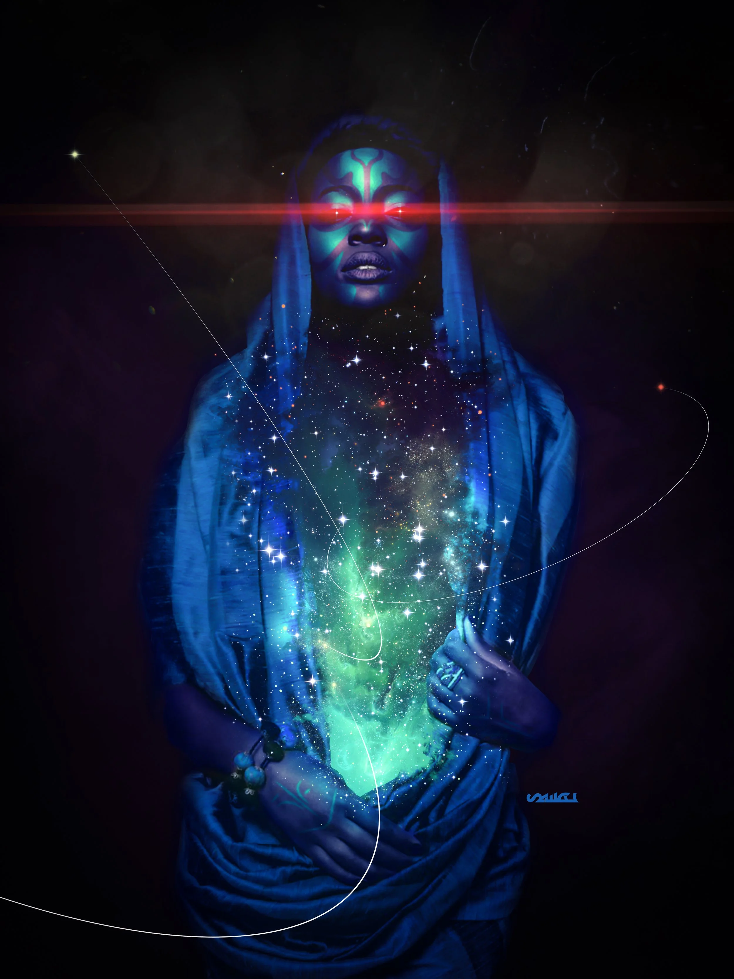 A person with face paint and glowing red eyes in a space-themed digital artwork, surrounded by stars and nebulae, with a cosmic background.