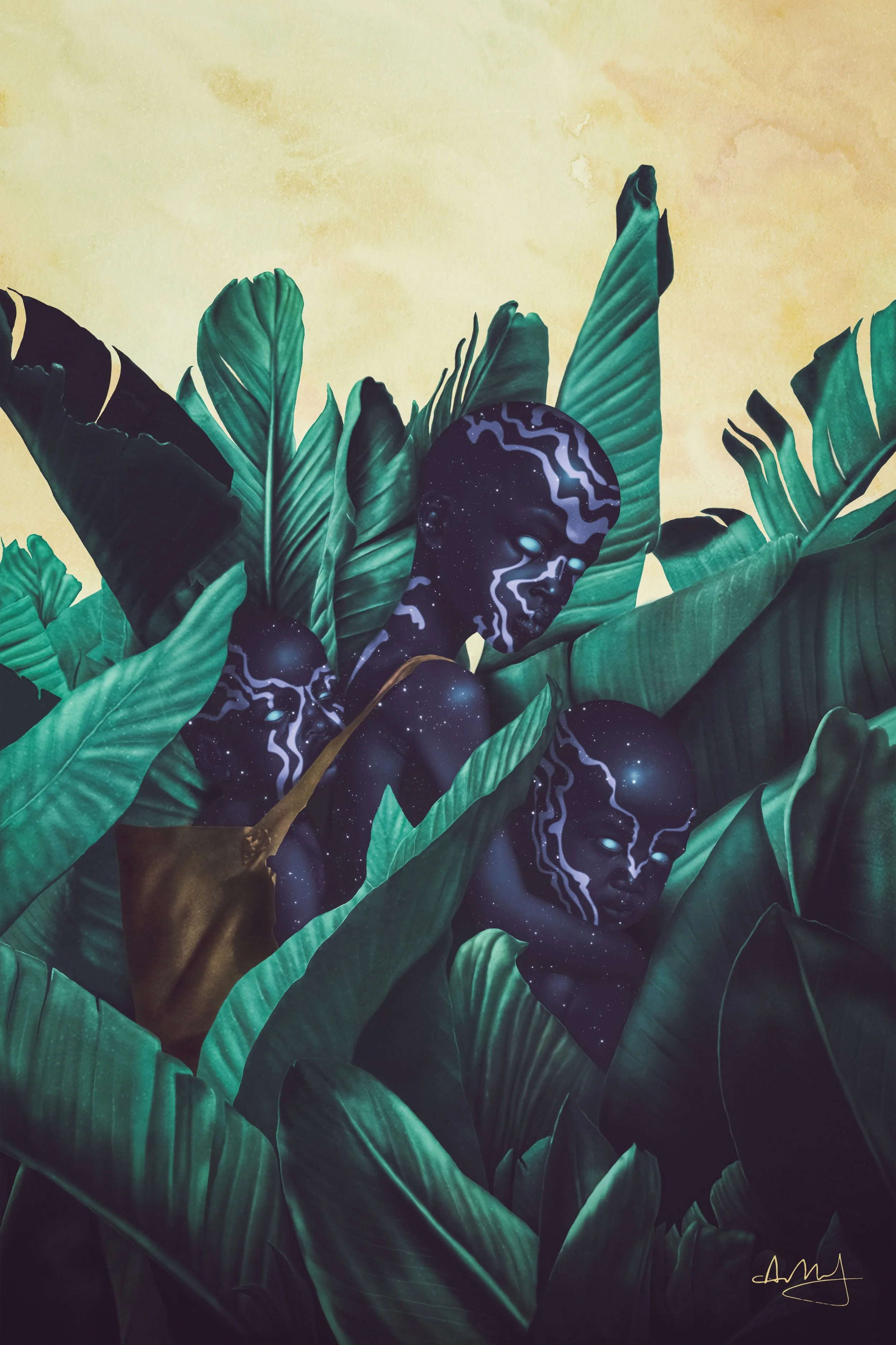 A digital artwork depicting three children with dark, star-spotted bodies, surrounded by large green tropical leaves against a yellow background.